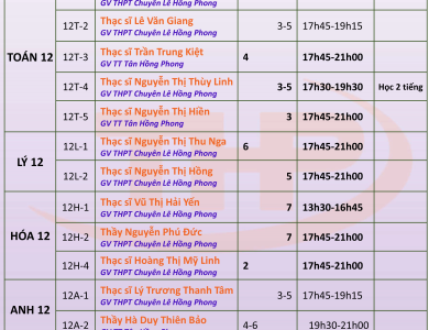 Thời Khóa Biểu Dạy Thêm Lớp 12