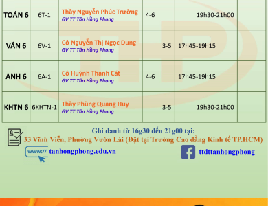 Thời Khóa Biểu Dạy Thêm Lớp 6 Hè