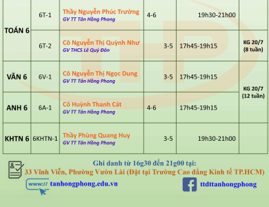 Thời Khóa Biểu Dạy Thêm Lớp 6 Hè