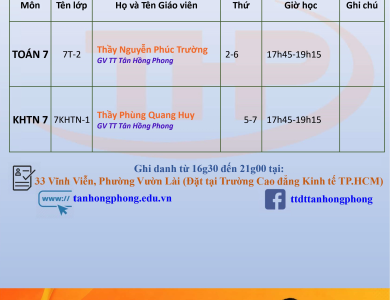 Thời Khóa Biểu Dạy Thêm Lớp 7