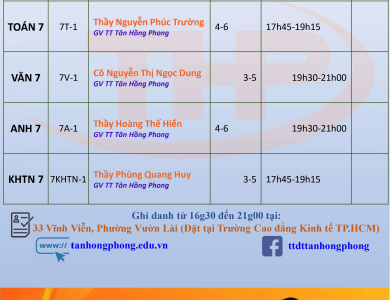 Thời Khóa Biểu Dạy Thêm Lớp 7 Hè