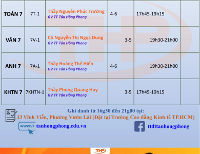 Thời Khóa Biểu Dạy Thêm Lớp 7 Hè