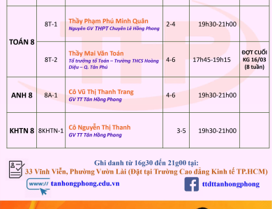 Thời Khóa Biểu Dạy Thêm Lớp 8