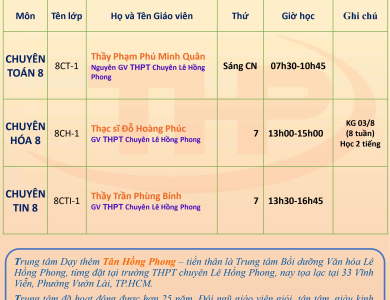 Thời Khóa Biểu Dạy Thêm Lớp 8 Chuyên