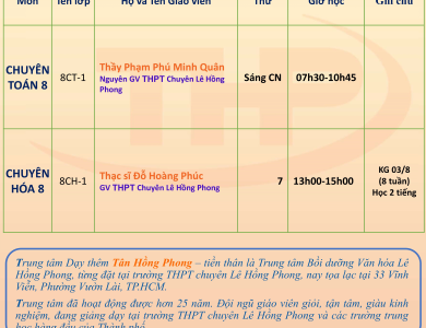 Thời Khóa Biểu Dạy Thêm Lớp 8 Chuyên