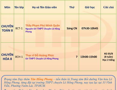Thời Khóa Biểu Dạy Thêm Lớp 8 Chuyên