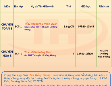 Thời Khóa Biểu Dạy Thêm Lớp 8 Chuyên