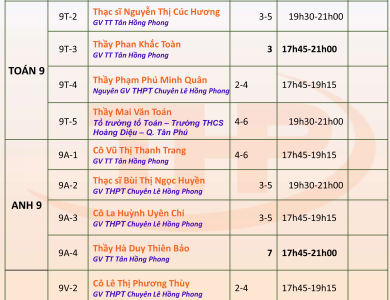 Thời Khóa Biểu Dạy Thêm Lớp 9