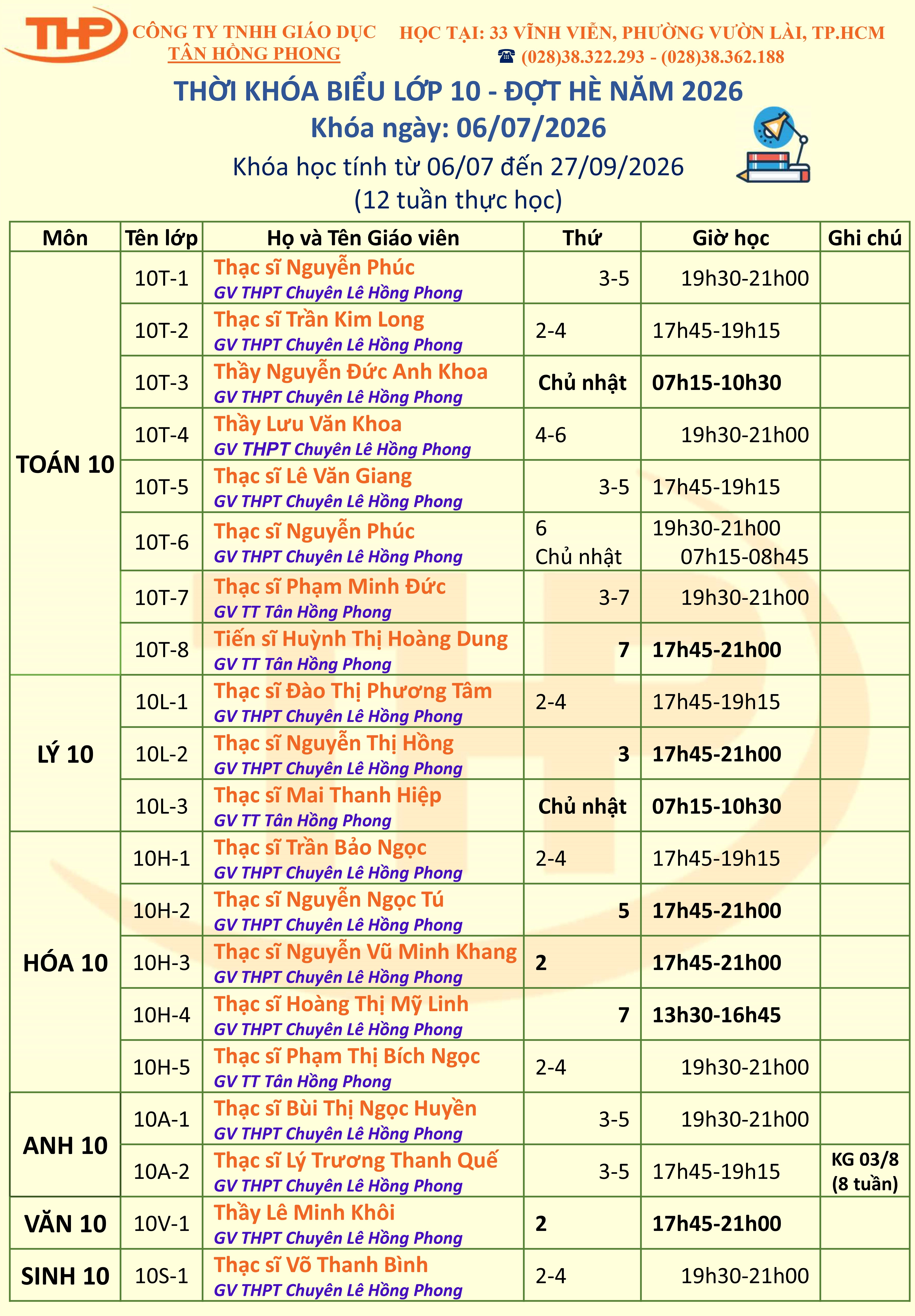 Thời Khóa Biểu Dạy Thêm Lớp 10 Hè
