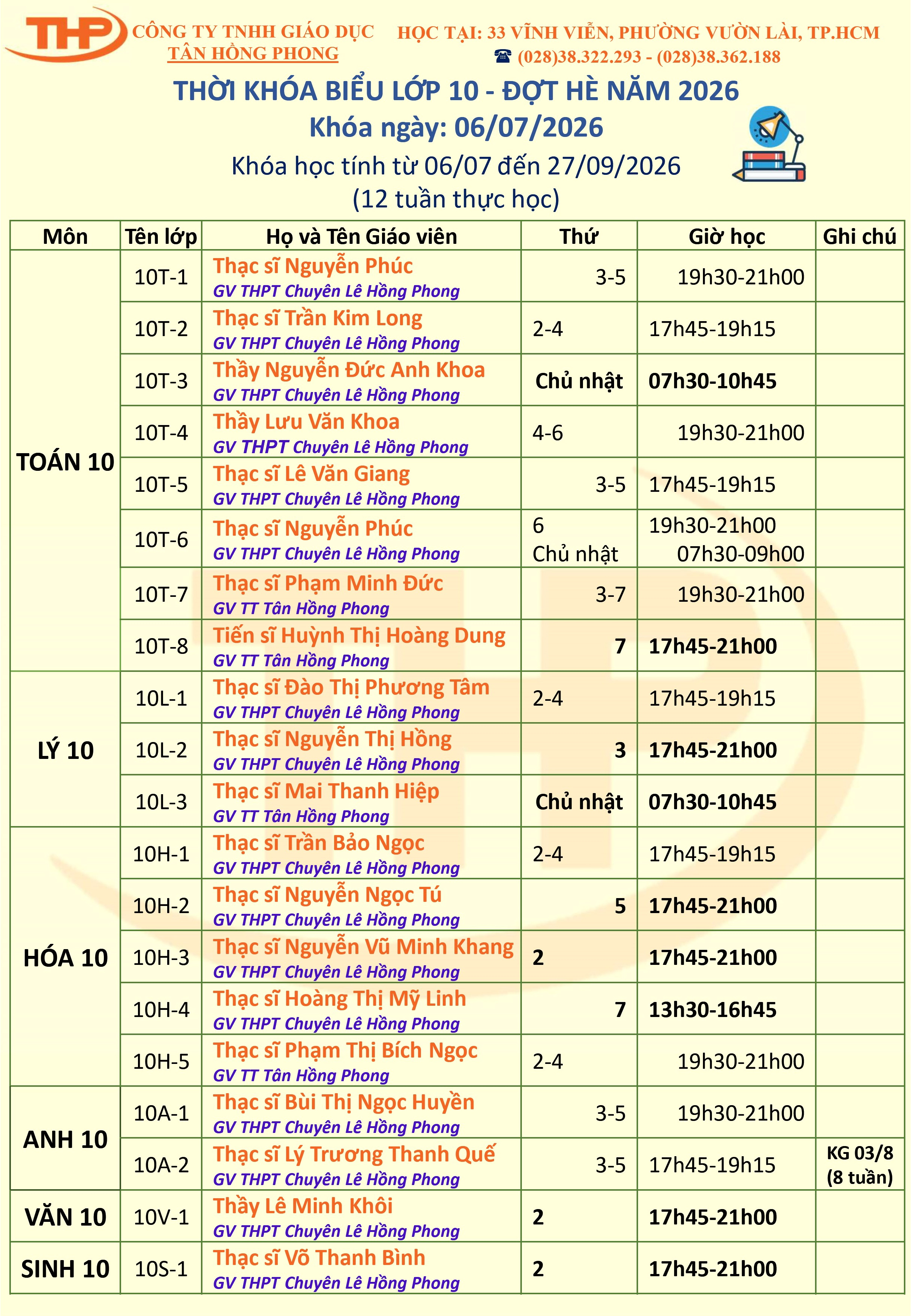 Thời Khóa Biểu Dạy Thêm Lớp 10 Hè