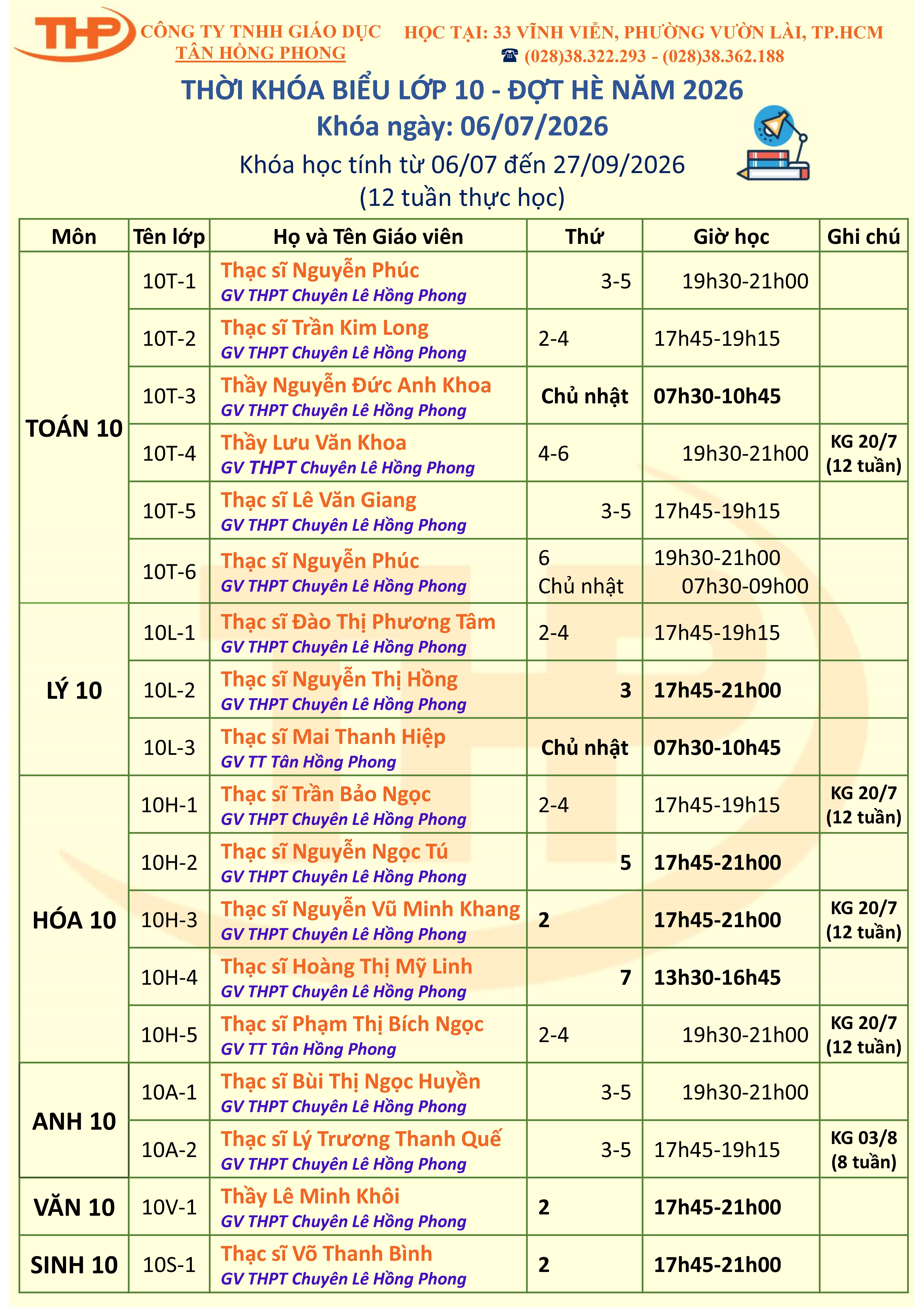 Thời Khóa Biểu Dạy Thêm Lớp 10 Hè