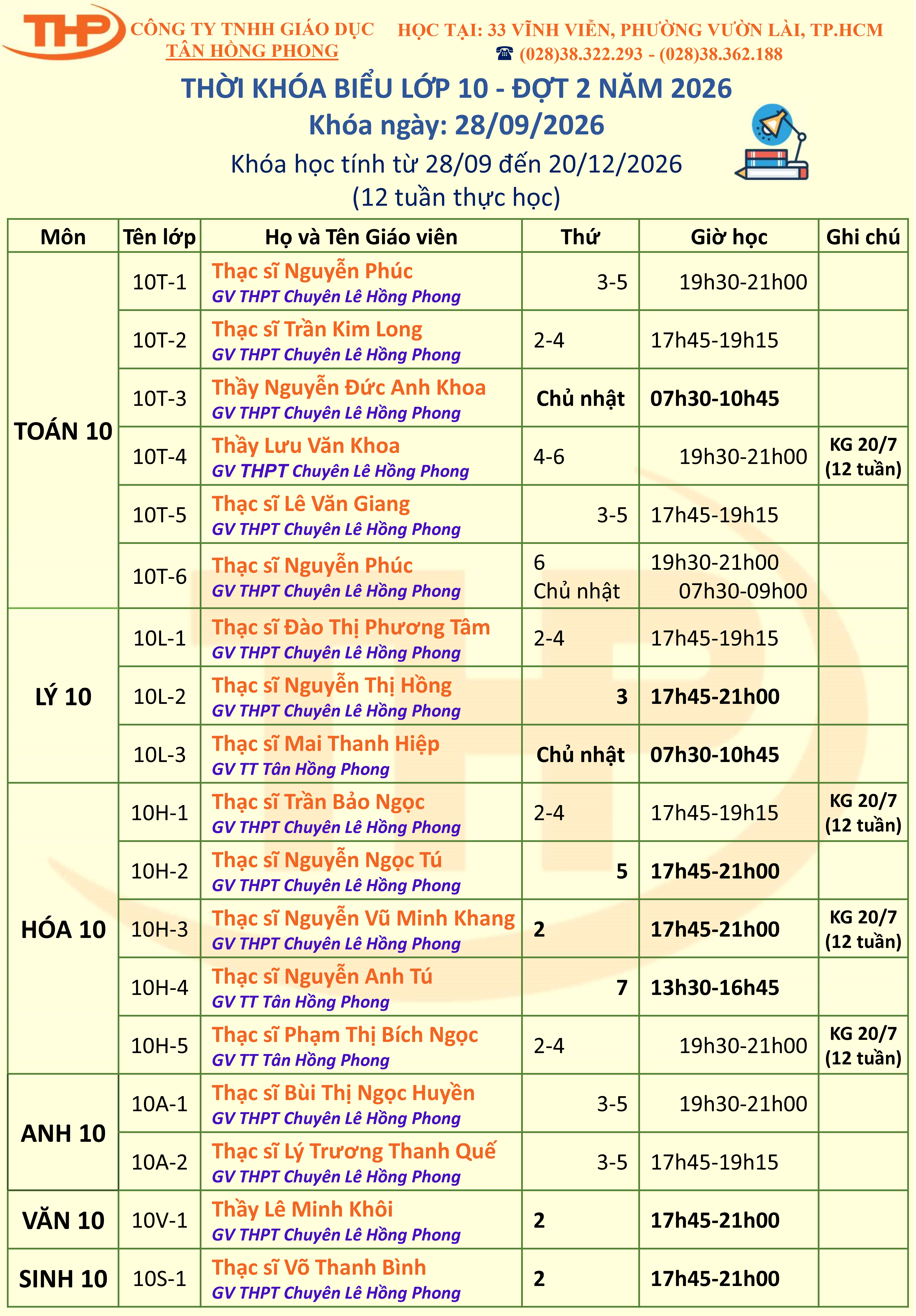 Thời Khóa Biểu Dạy Thêm Lớp 10