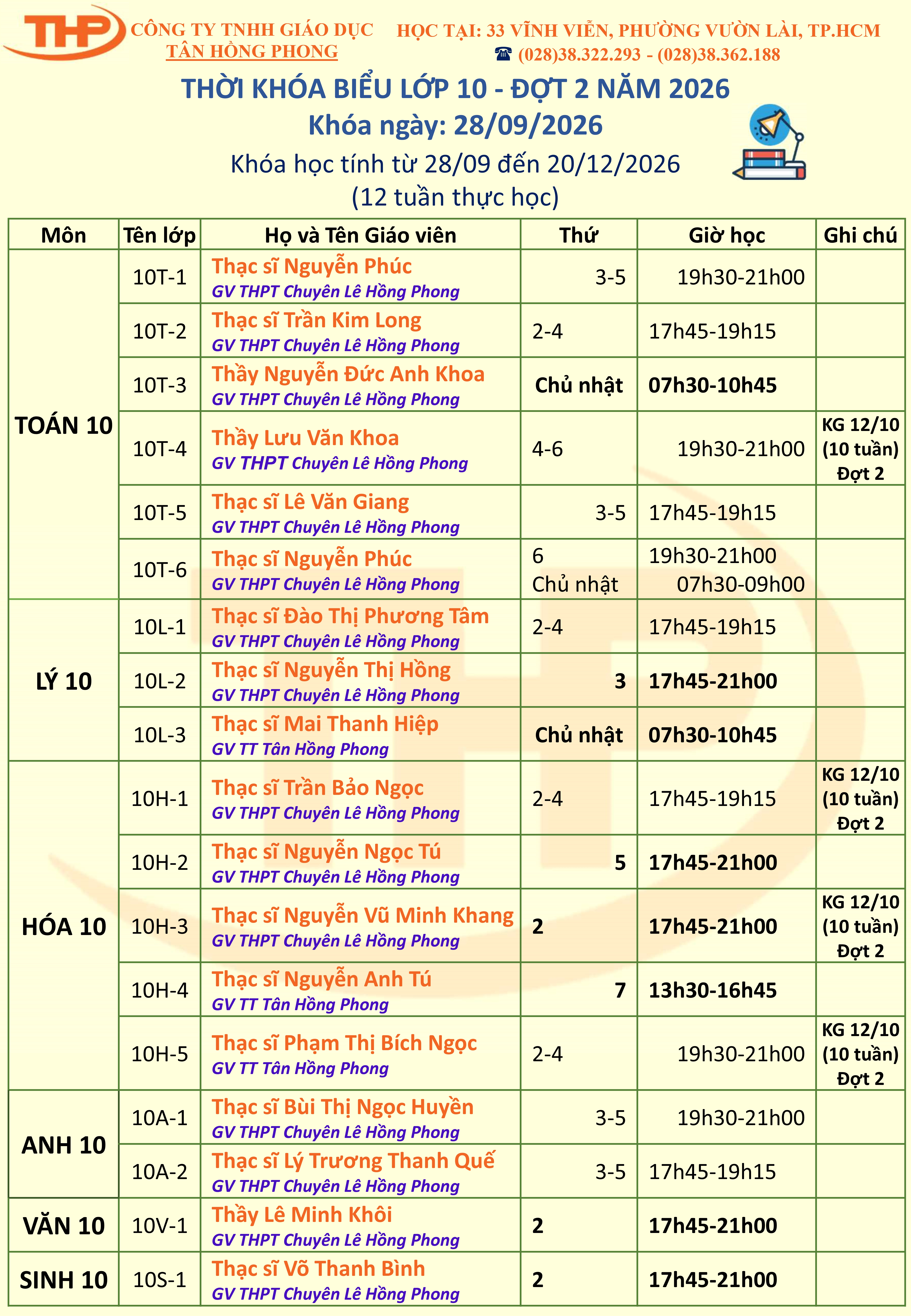 Thời Khóa Biểu Dạy Thêm Lớp 10