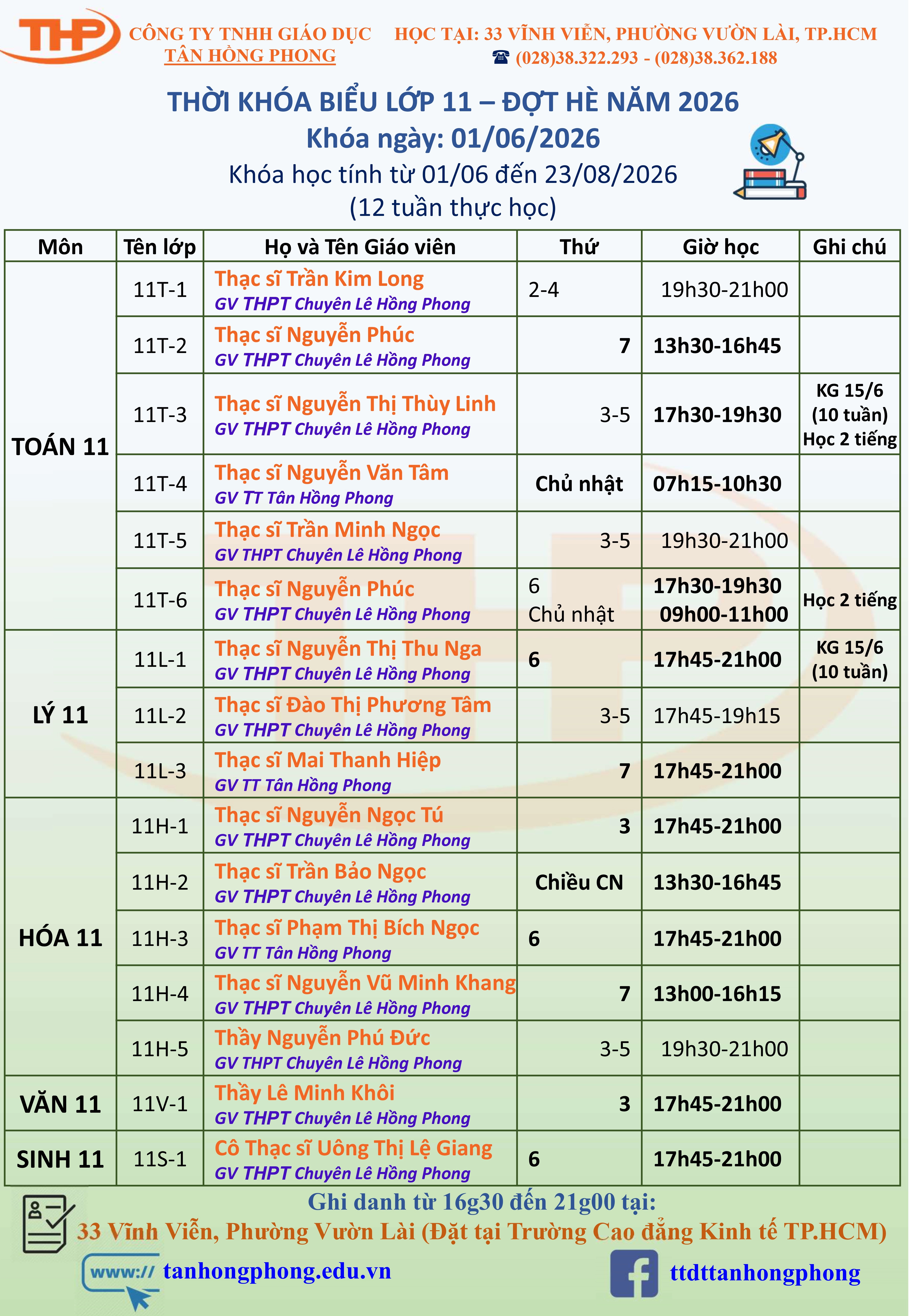 Thời Khóa Biểu Dạy Thêm Lớp 11 Hè
