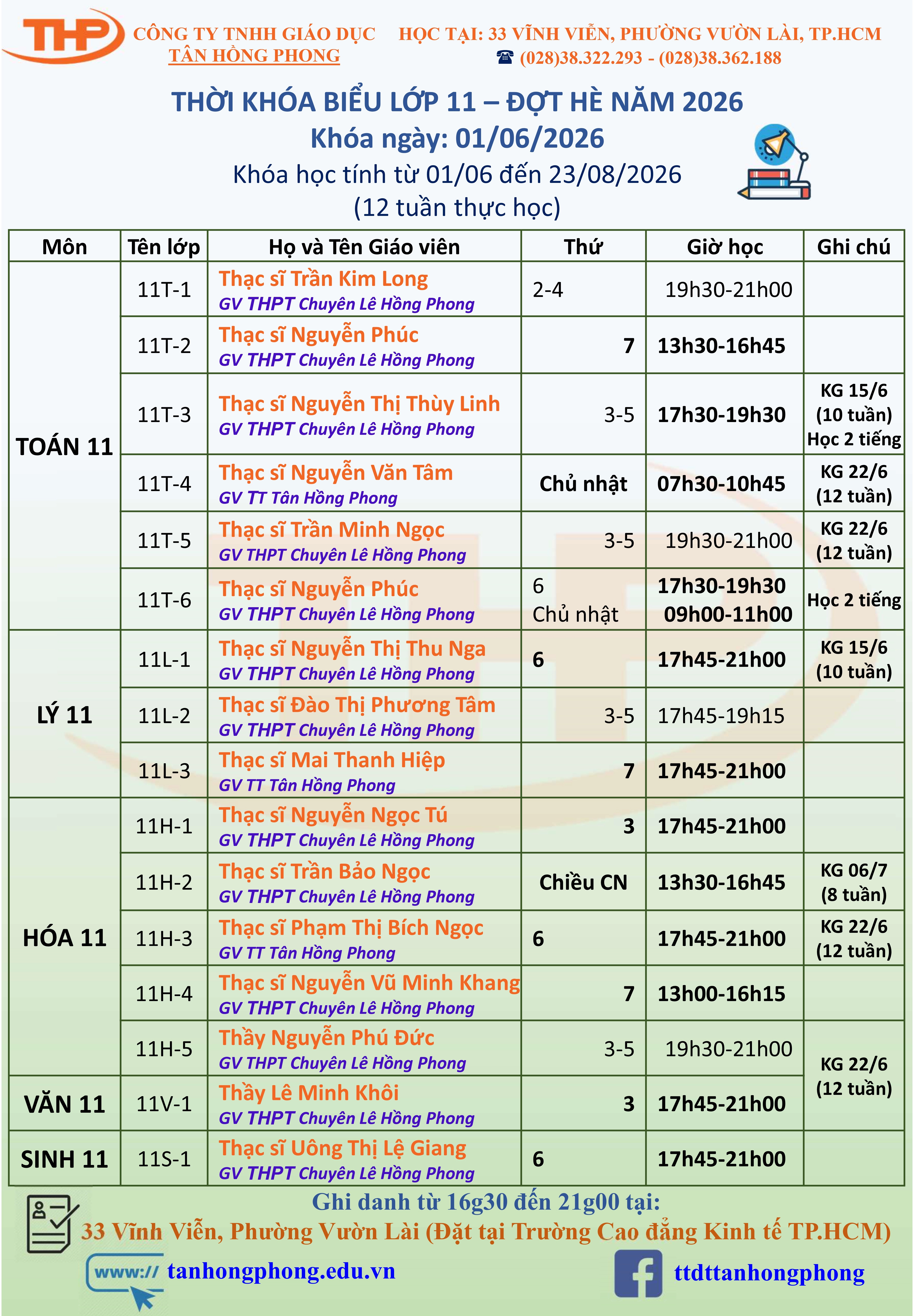 Thời Khóa Biểu Dạy Thêm Lớp 11 Hè