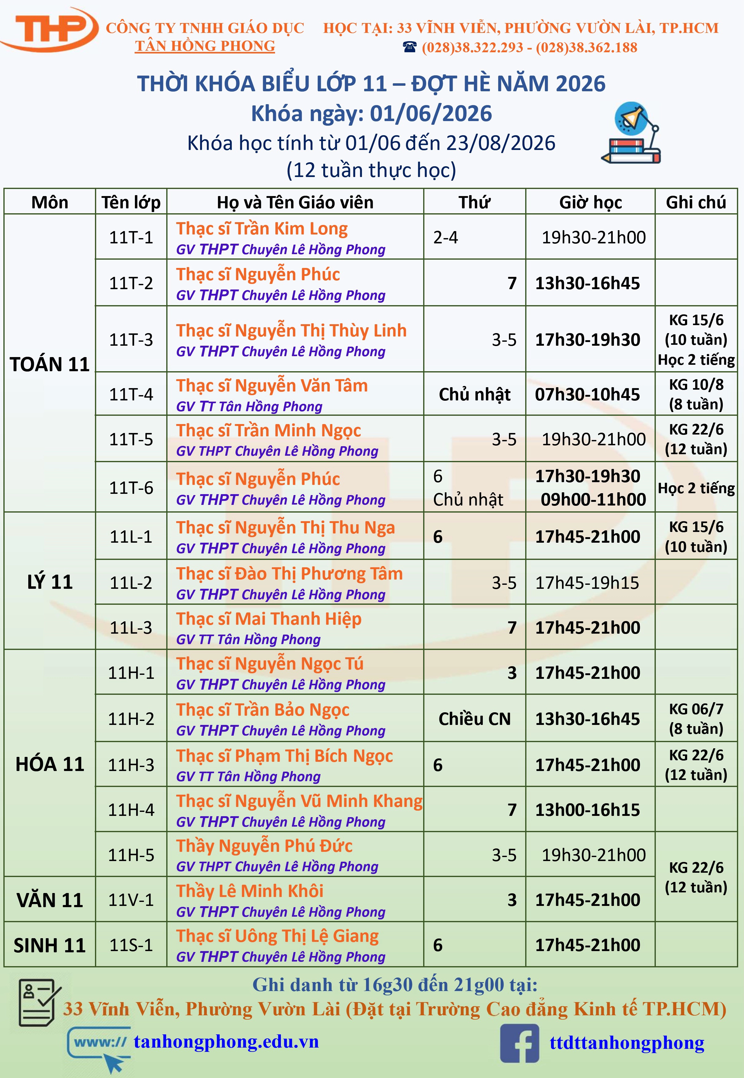 Thời Khóa Biểu Dạy Thêm Lớp 11 Hè