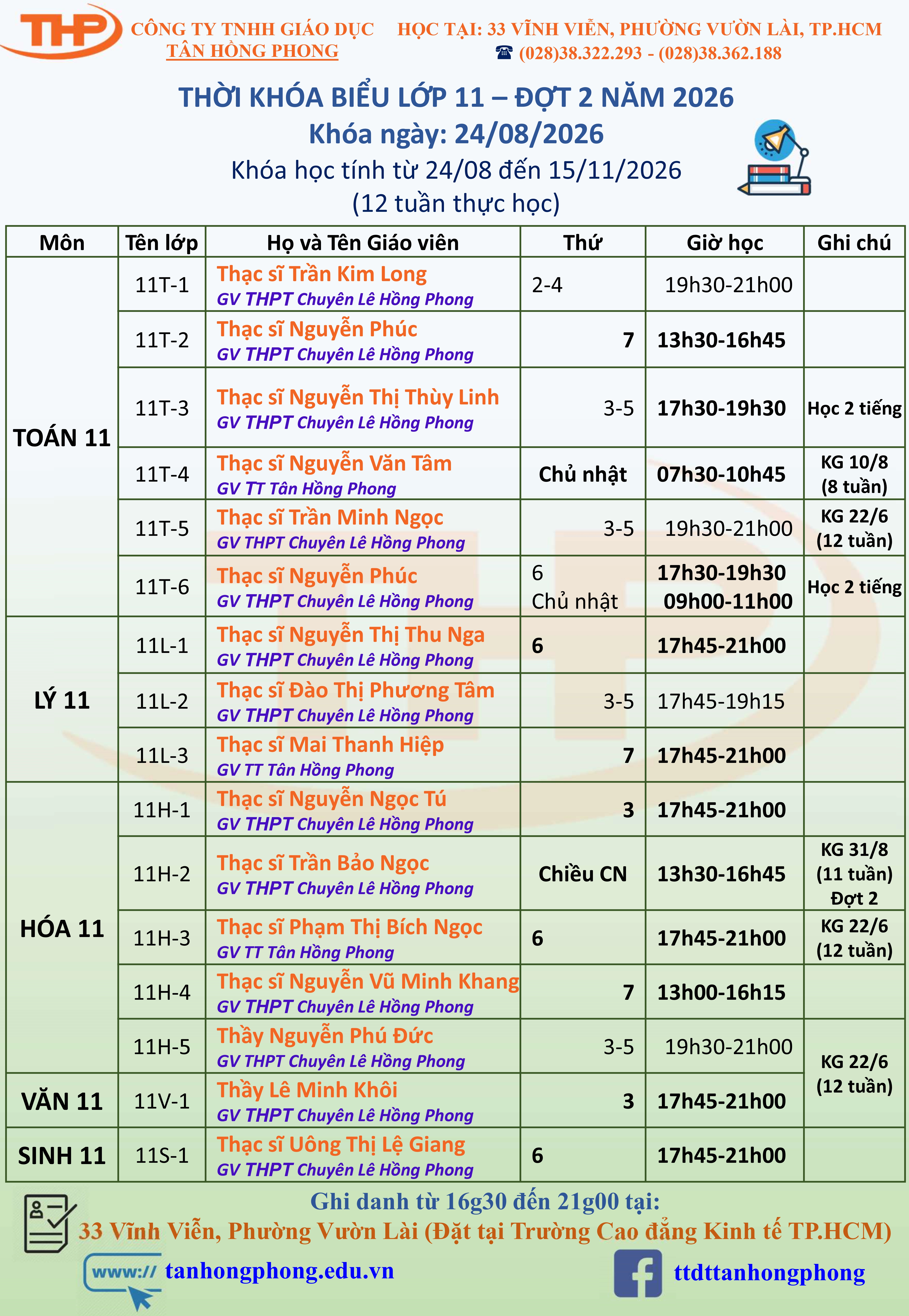 Thời Khóa Biểu Dạy Thêm Lớp 11