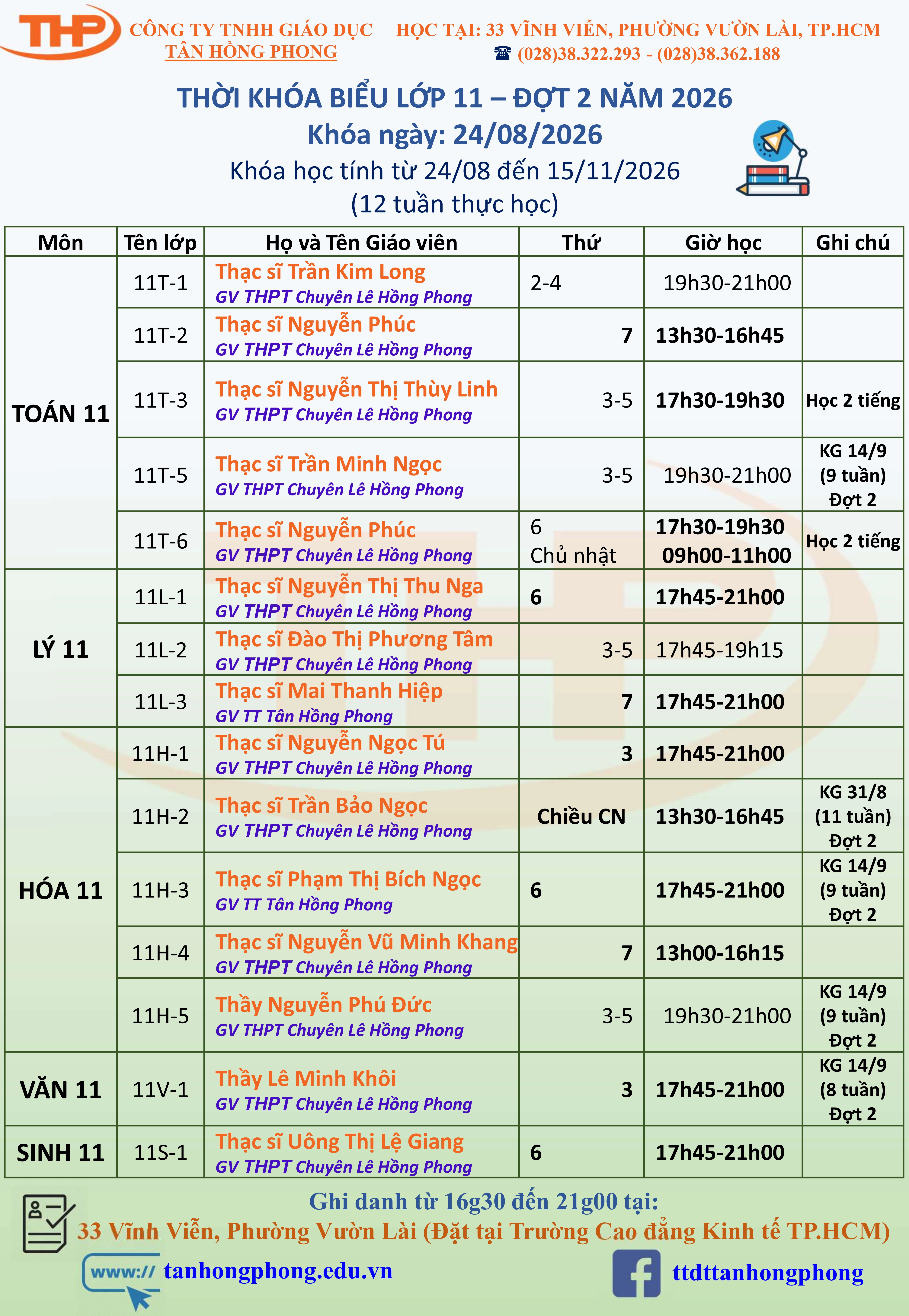 Thời Khóa Biểu Dạy Thêm Lớp 11