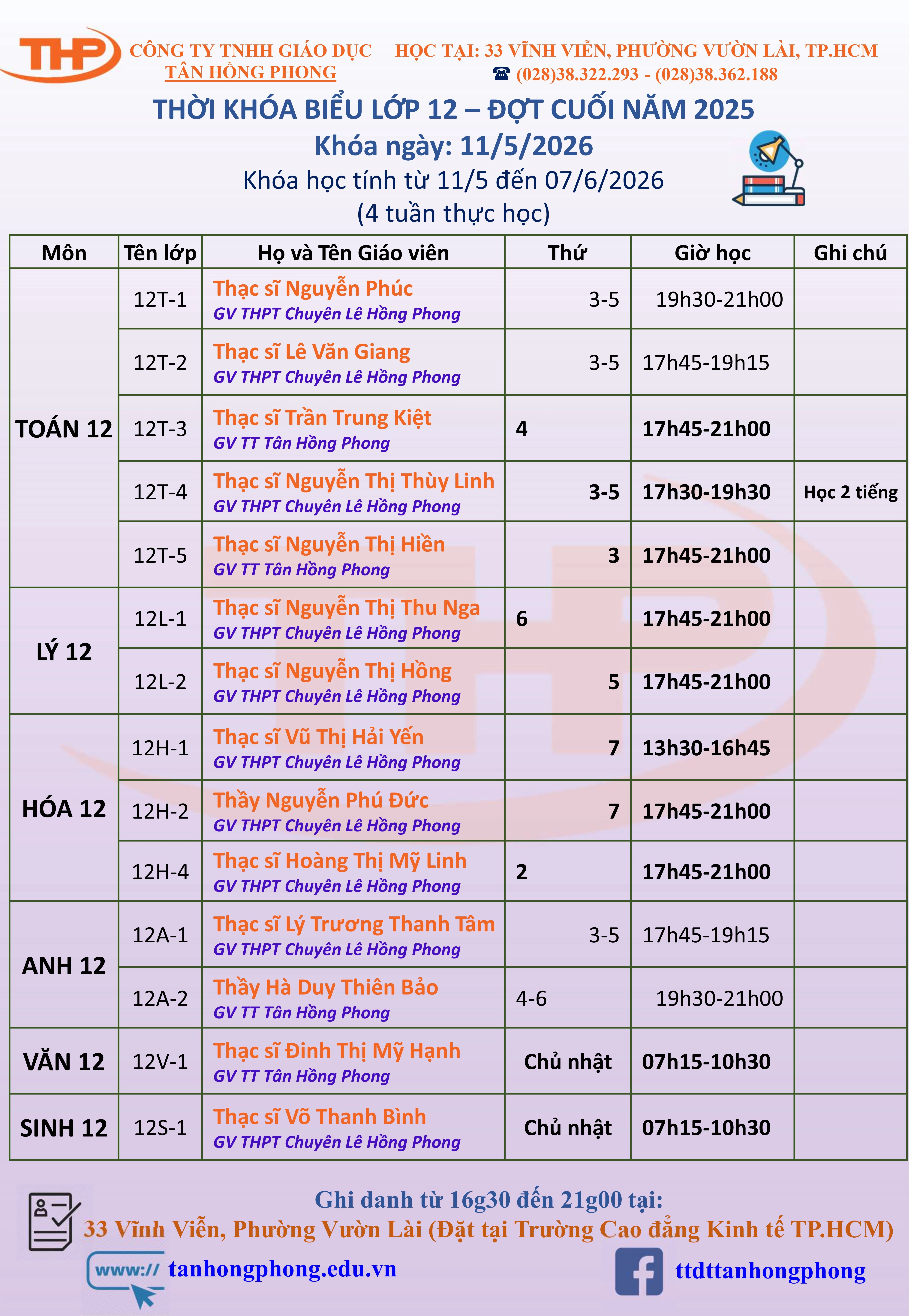 Thời Khóa Biểu Dạy Thêm Lớp 12