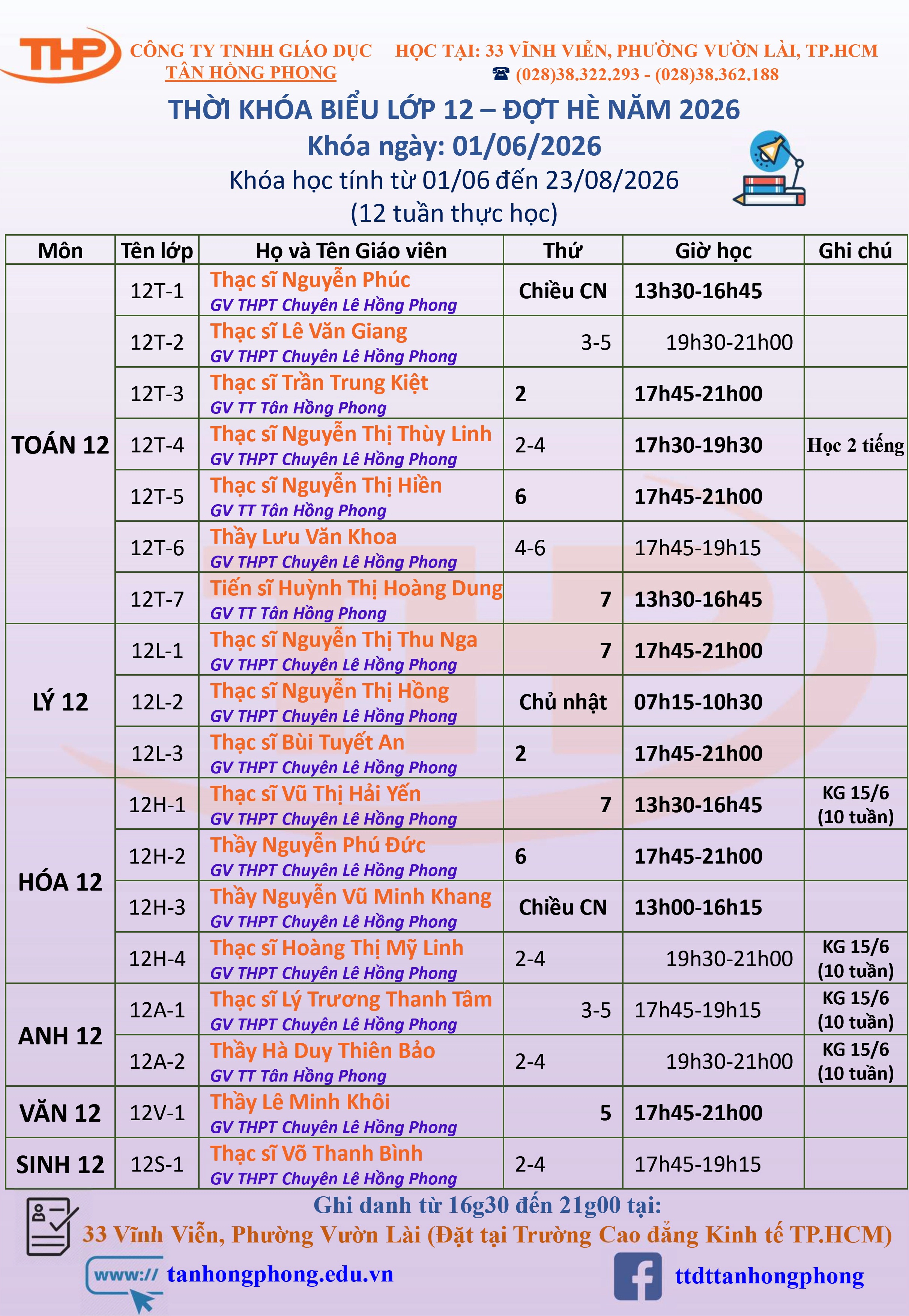 Thời Khóa Biểu Dạy Thêm Lớp 12 Hè