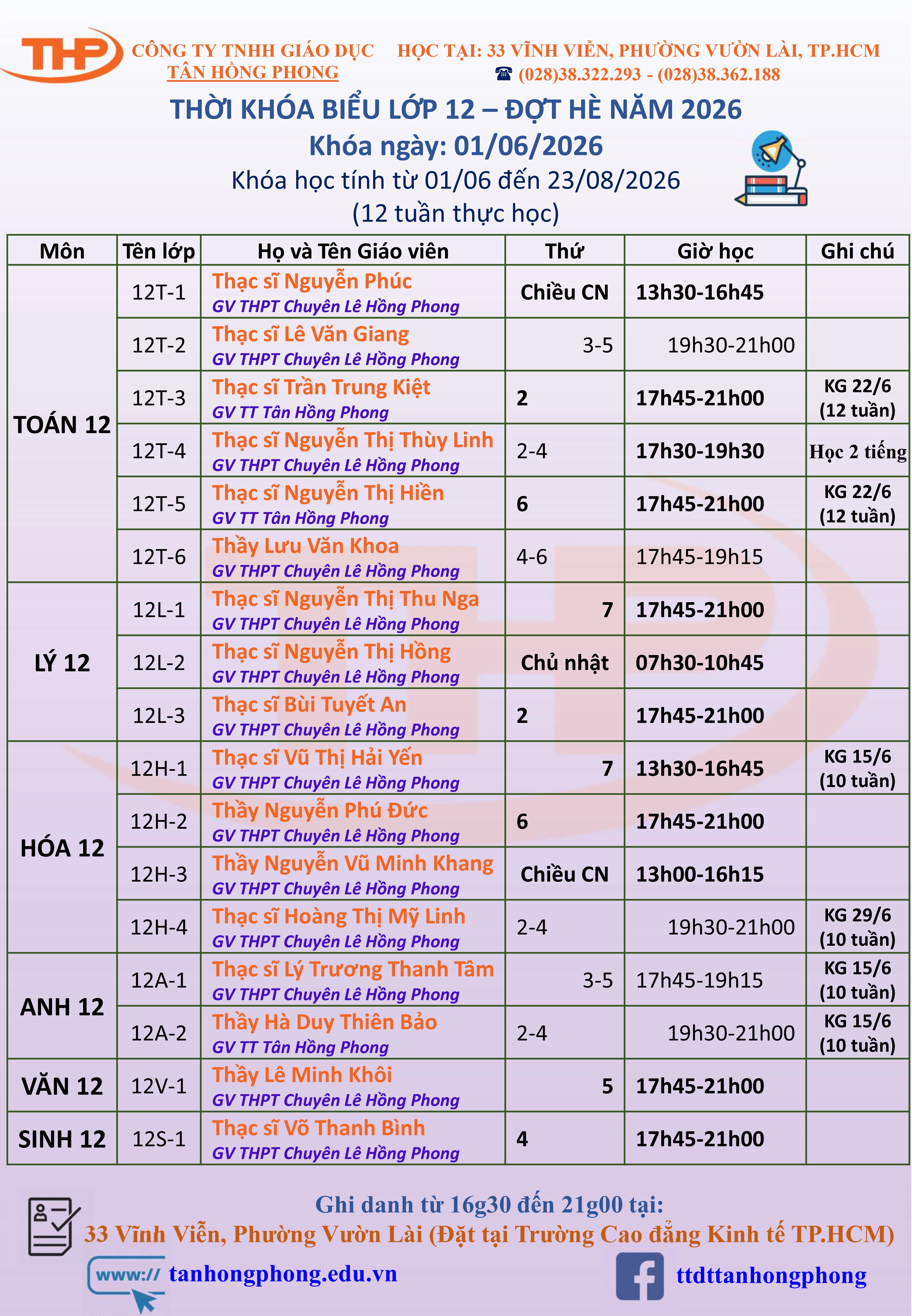 Thời Khóa Biểu Dạy Thêm Lớp 12 Hè