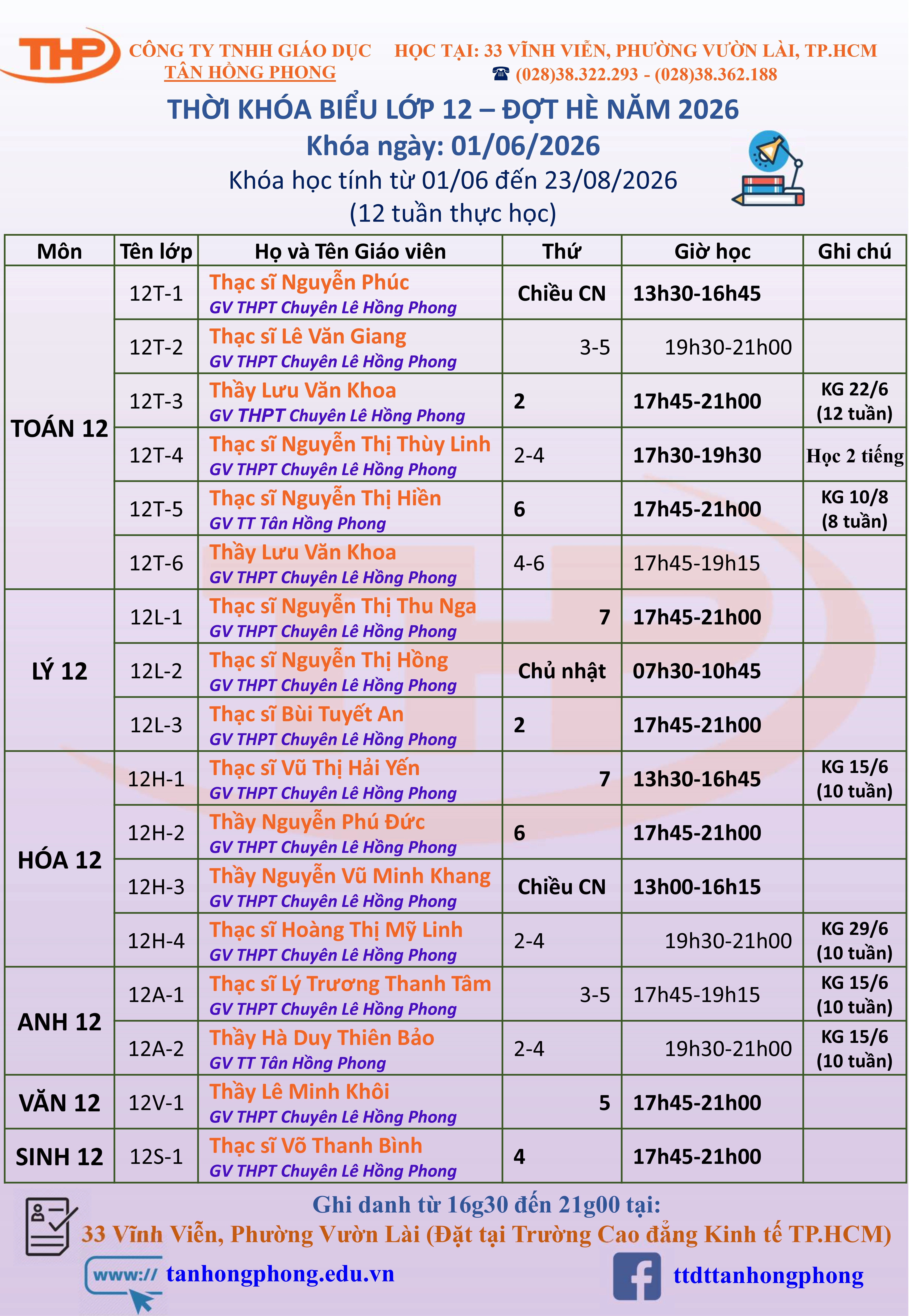 Thời Khóa Biểu Dạy Thêm Lớp 12 Hè