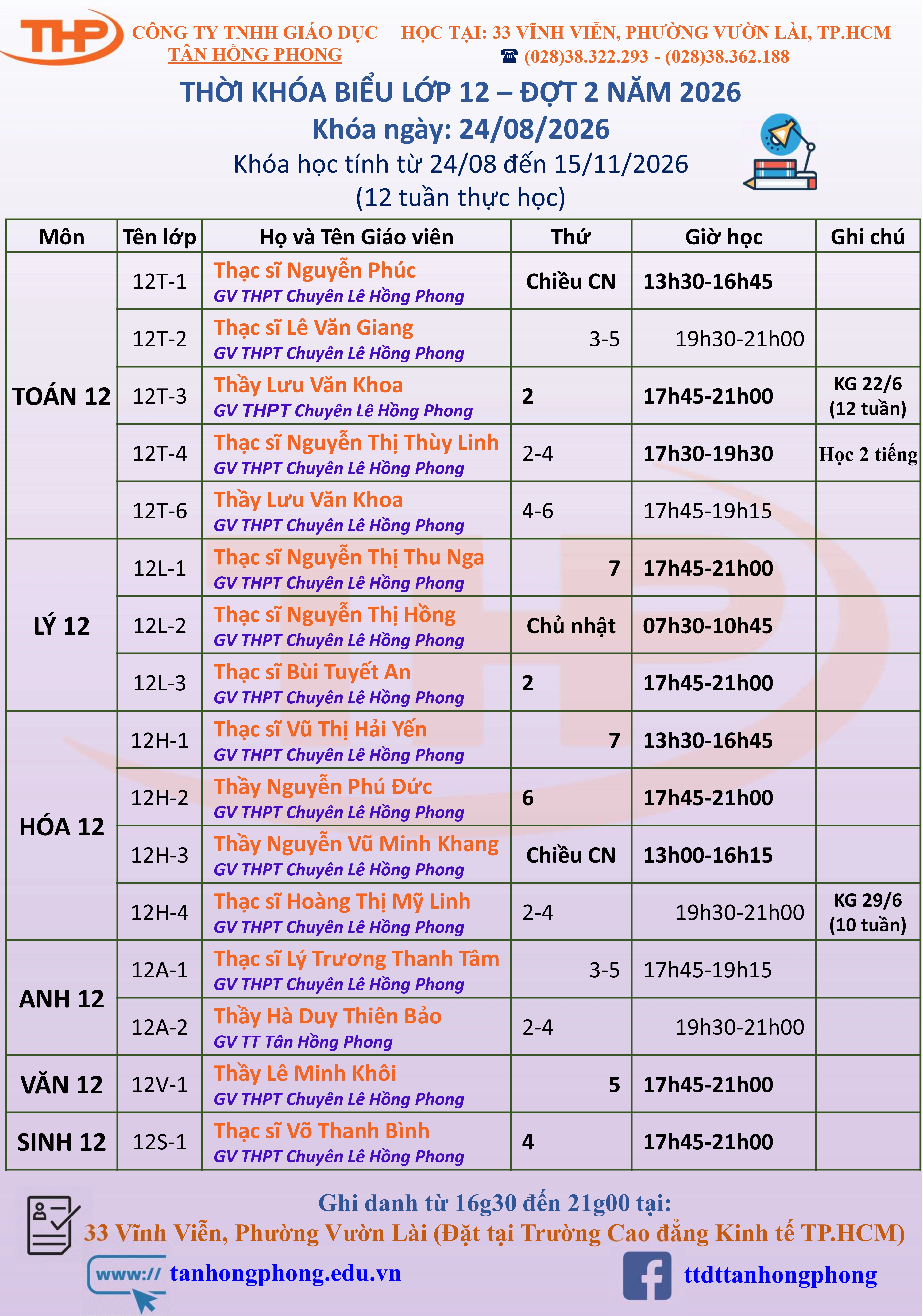 Thời Khóa Biểu Dạy Thêm Lớp 12