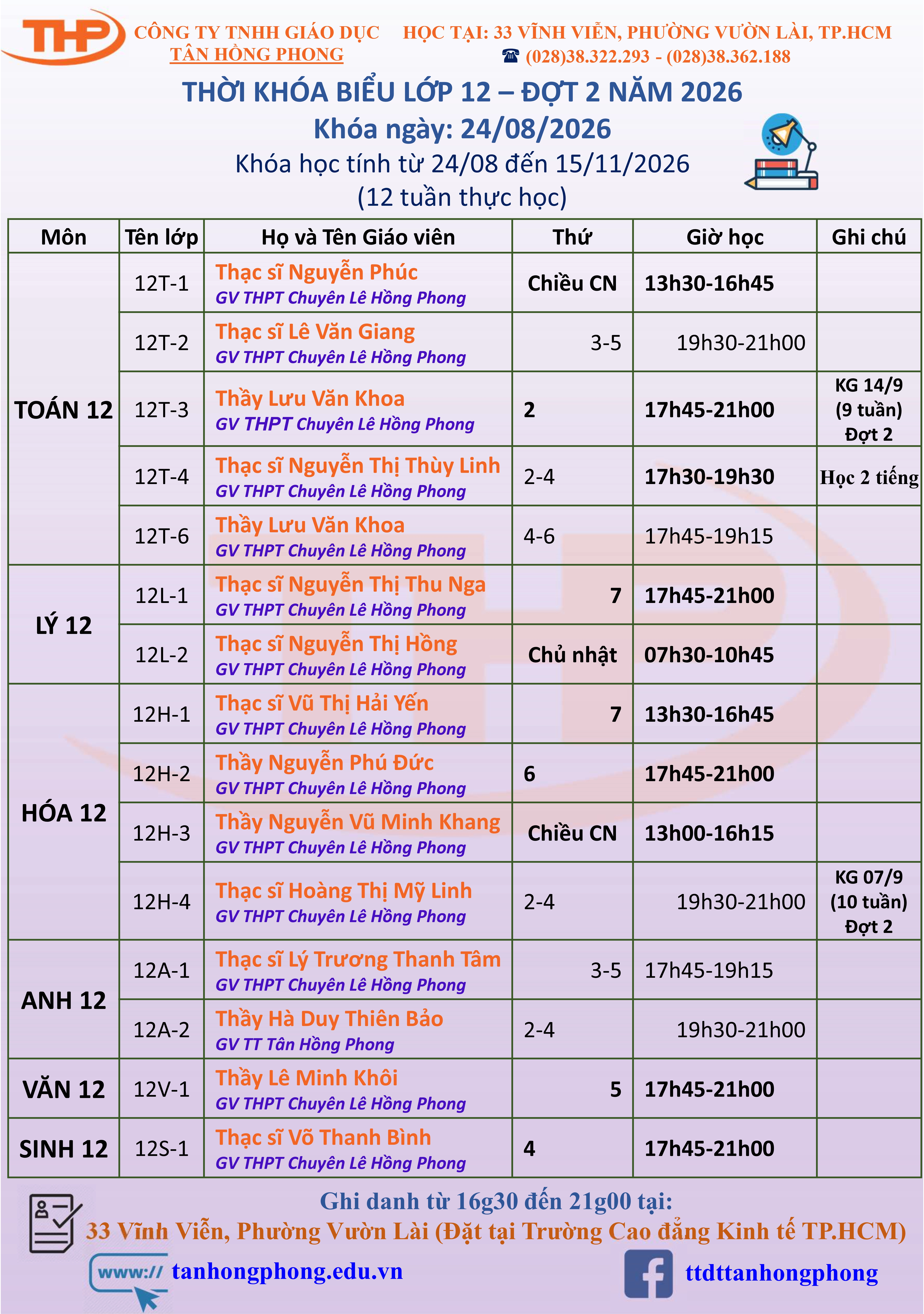 Thời Khóa Biểu Dạy Thêm Lớp 12