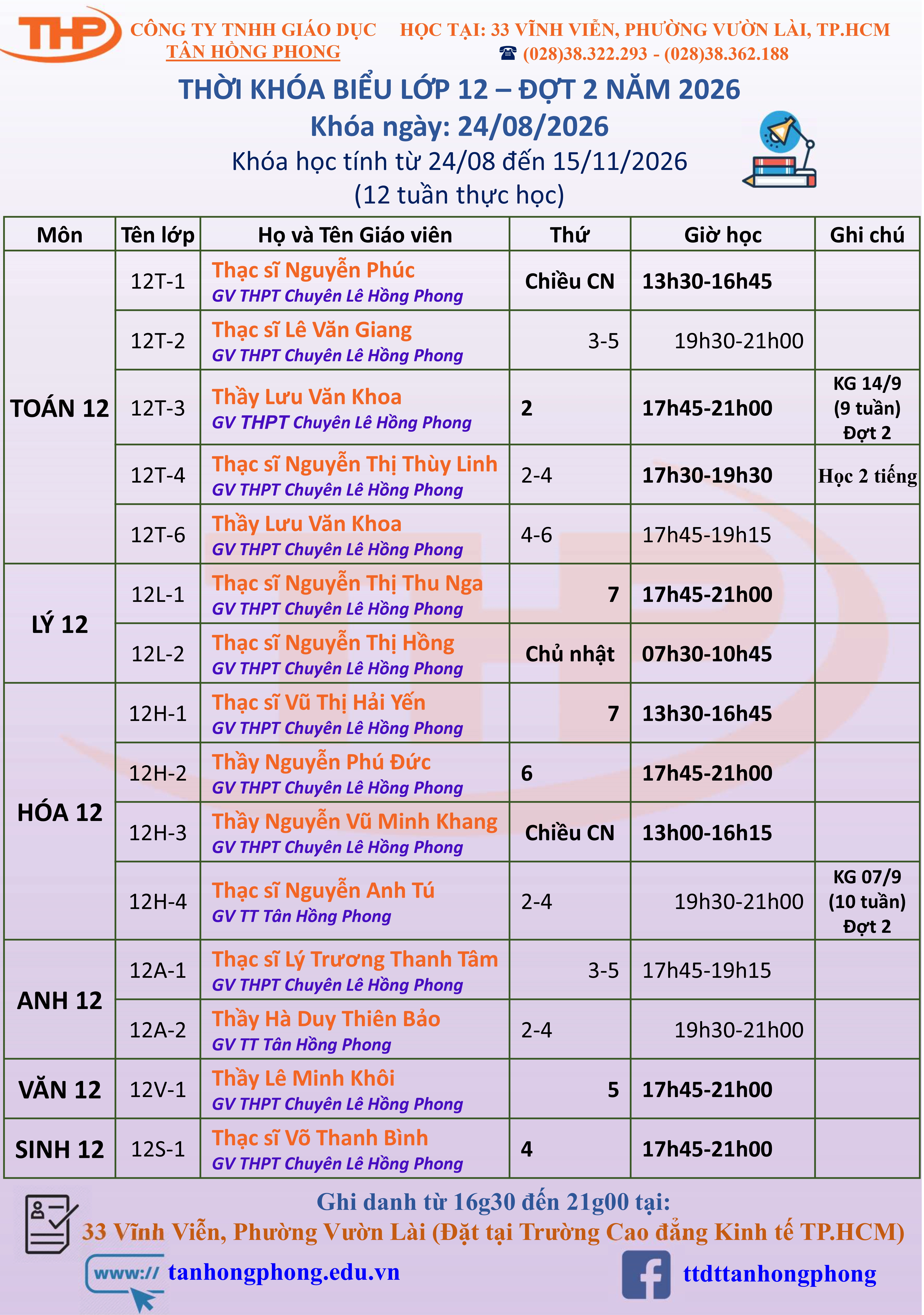 Thời Khóa Biểu Dạy Thêm Lớp 12