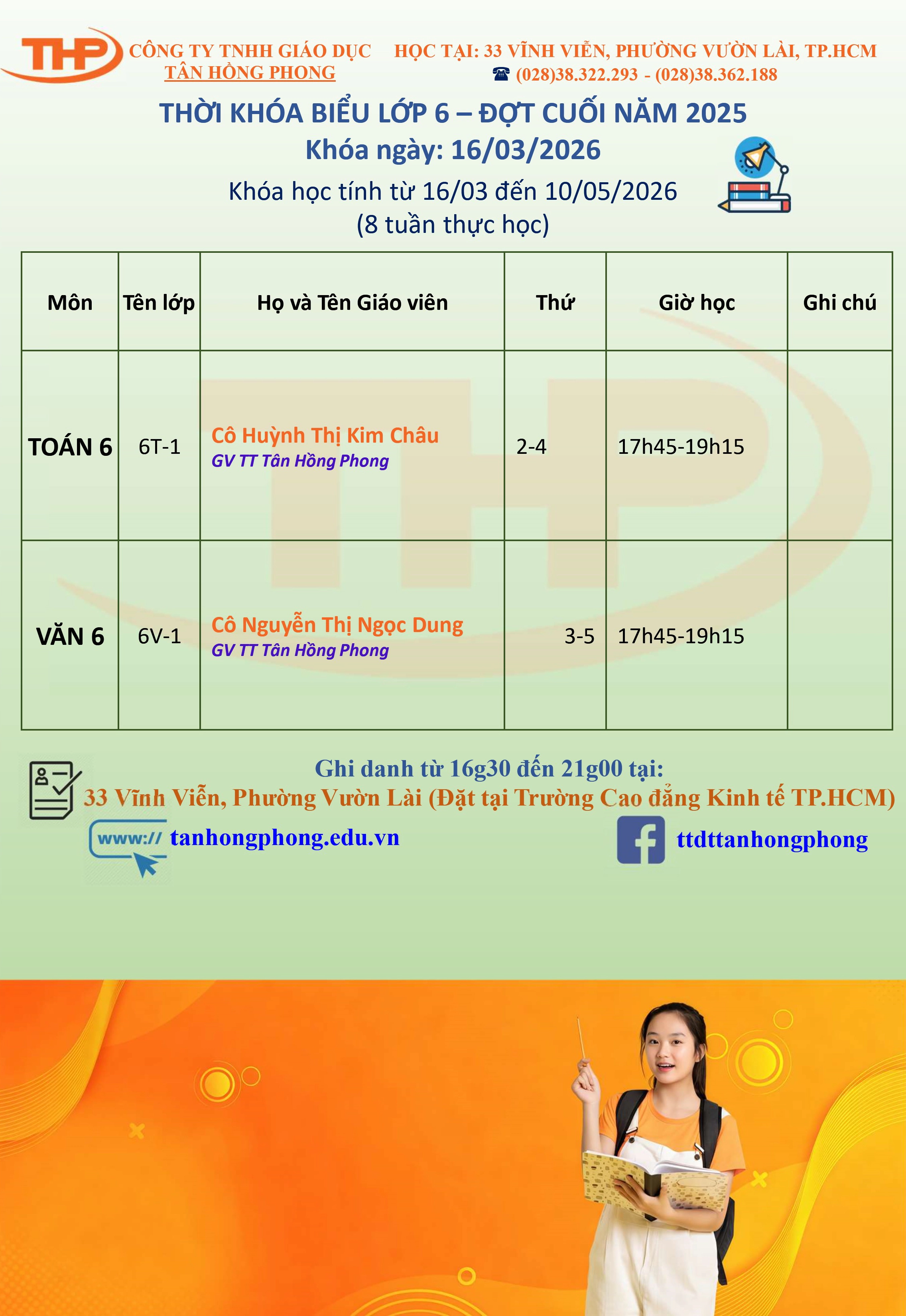 Thời Khóa Biểu Dạy Thêm Lớp 6