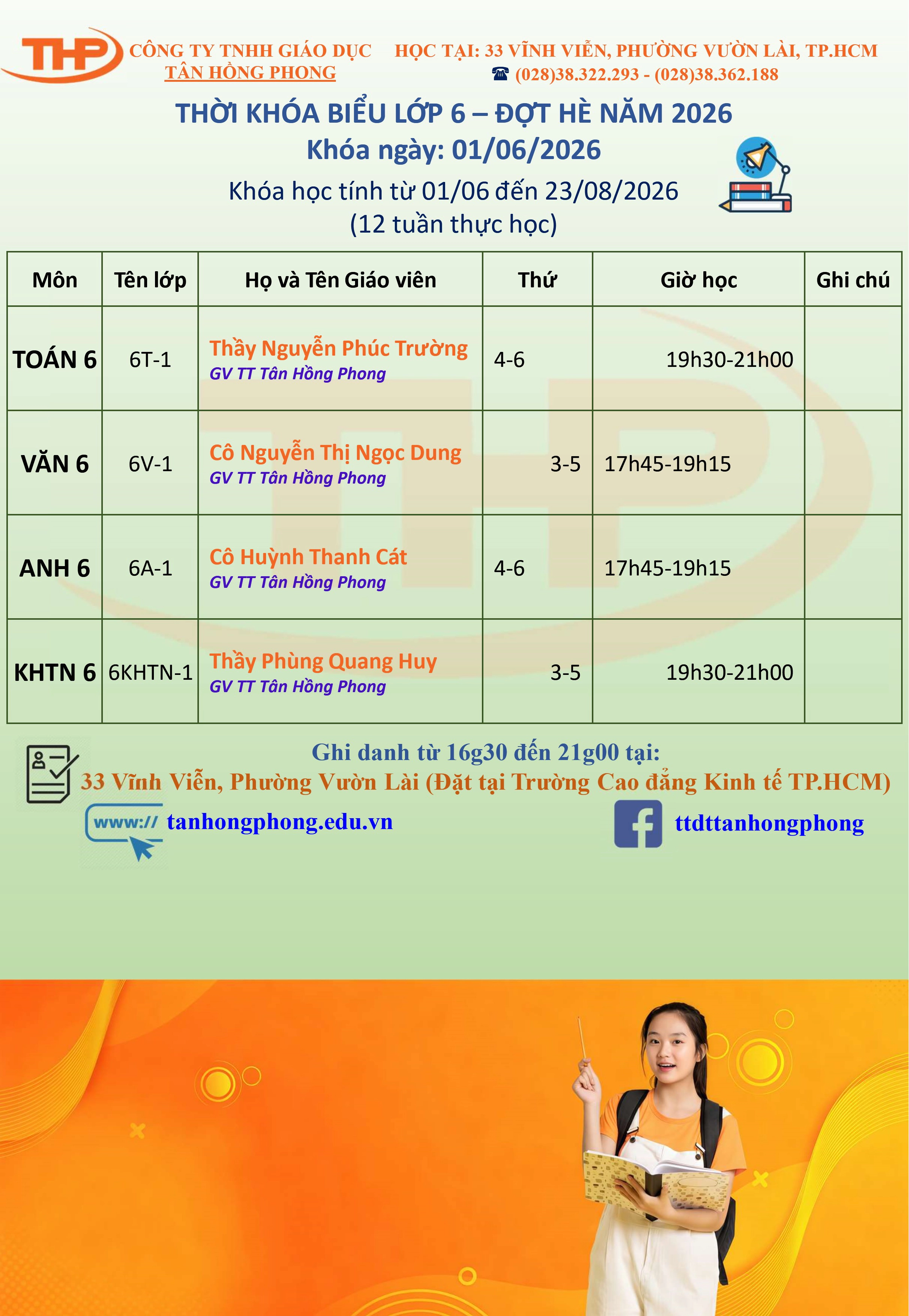 Thời Khóa Biểu Dạy Thêm Lớp 6 Hè