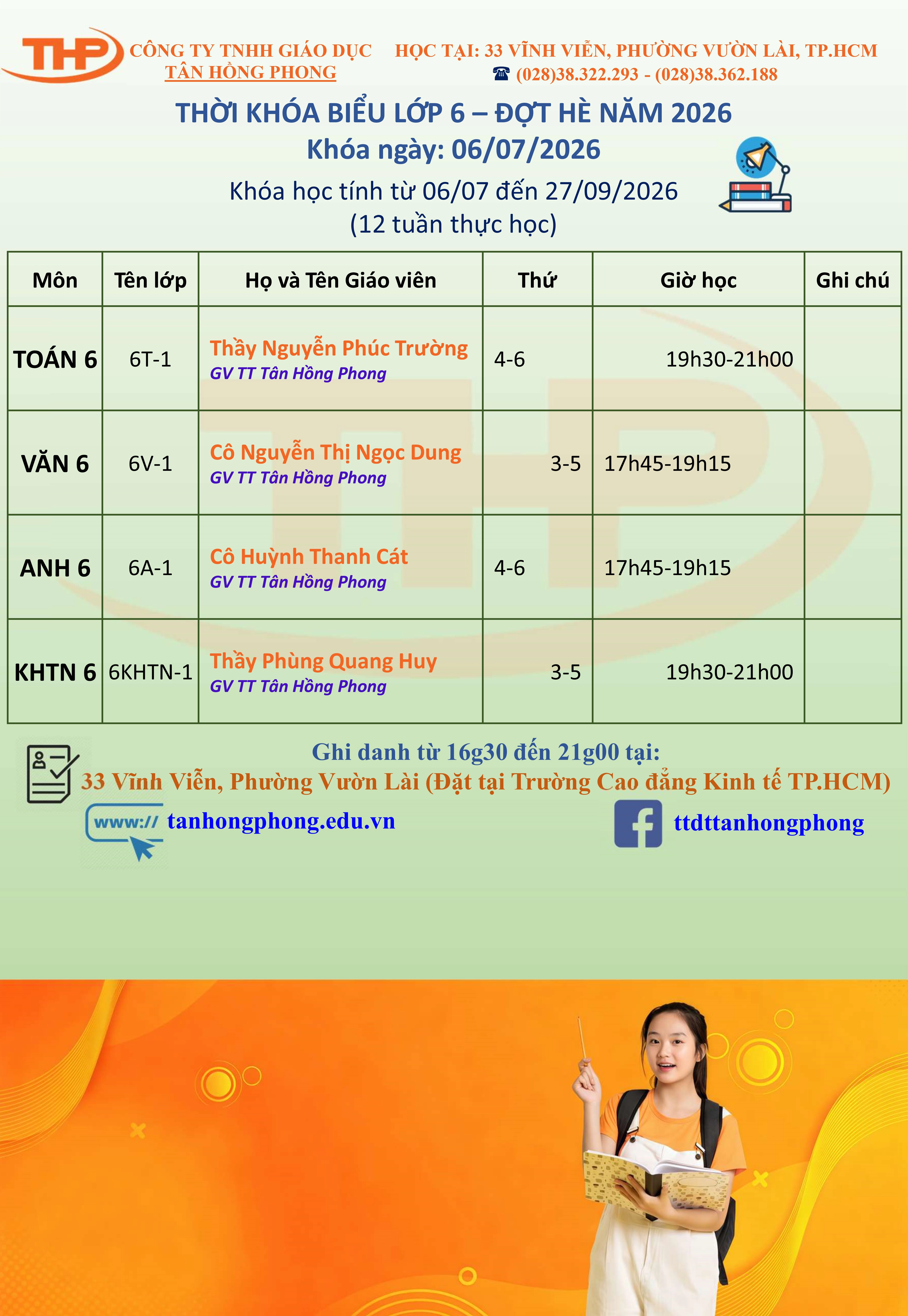 Thời Khóa Biểu Dạy Thêm Lớp 6 Hè