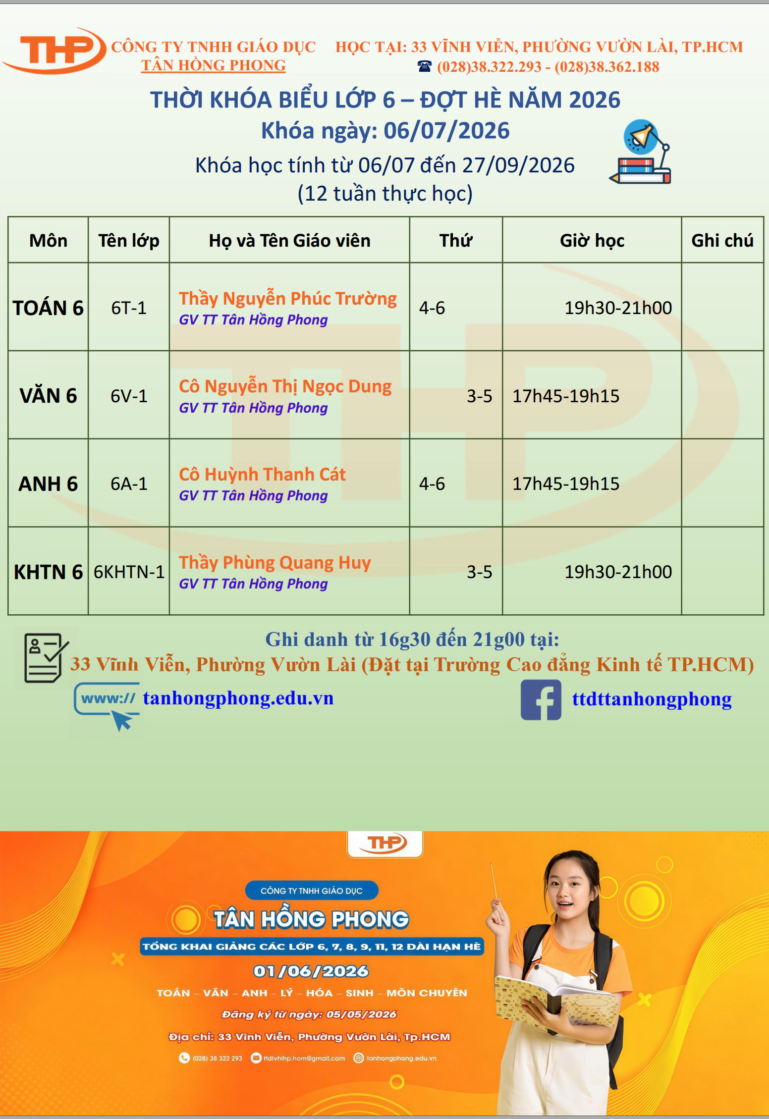 Thời Khóa Biểu Dạy Thêm Lớp 6 Hè