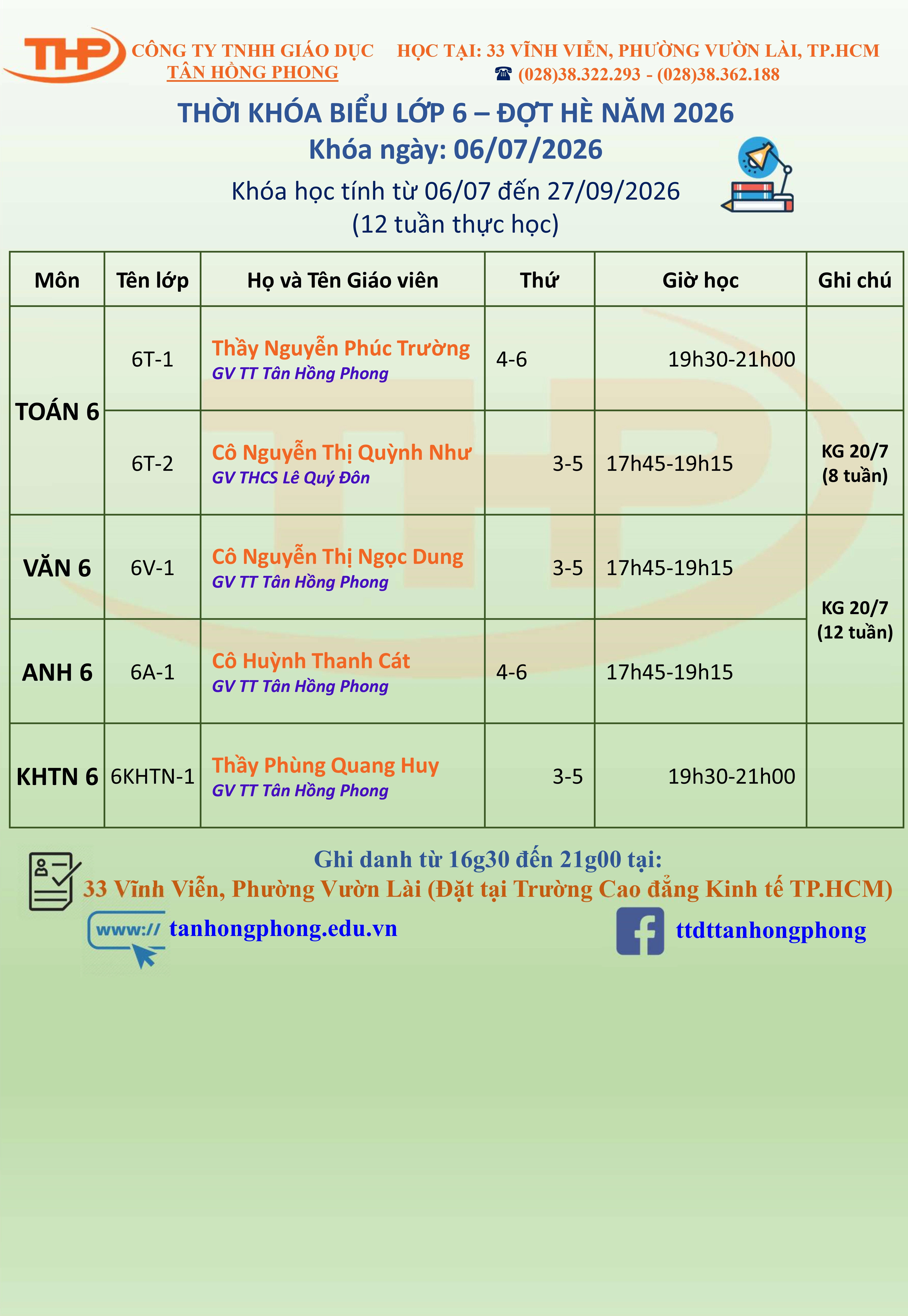 Thời Khóa Biểu Dạy Thêm Lớp 6 Hè