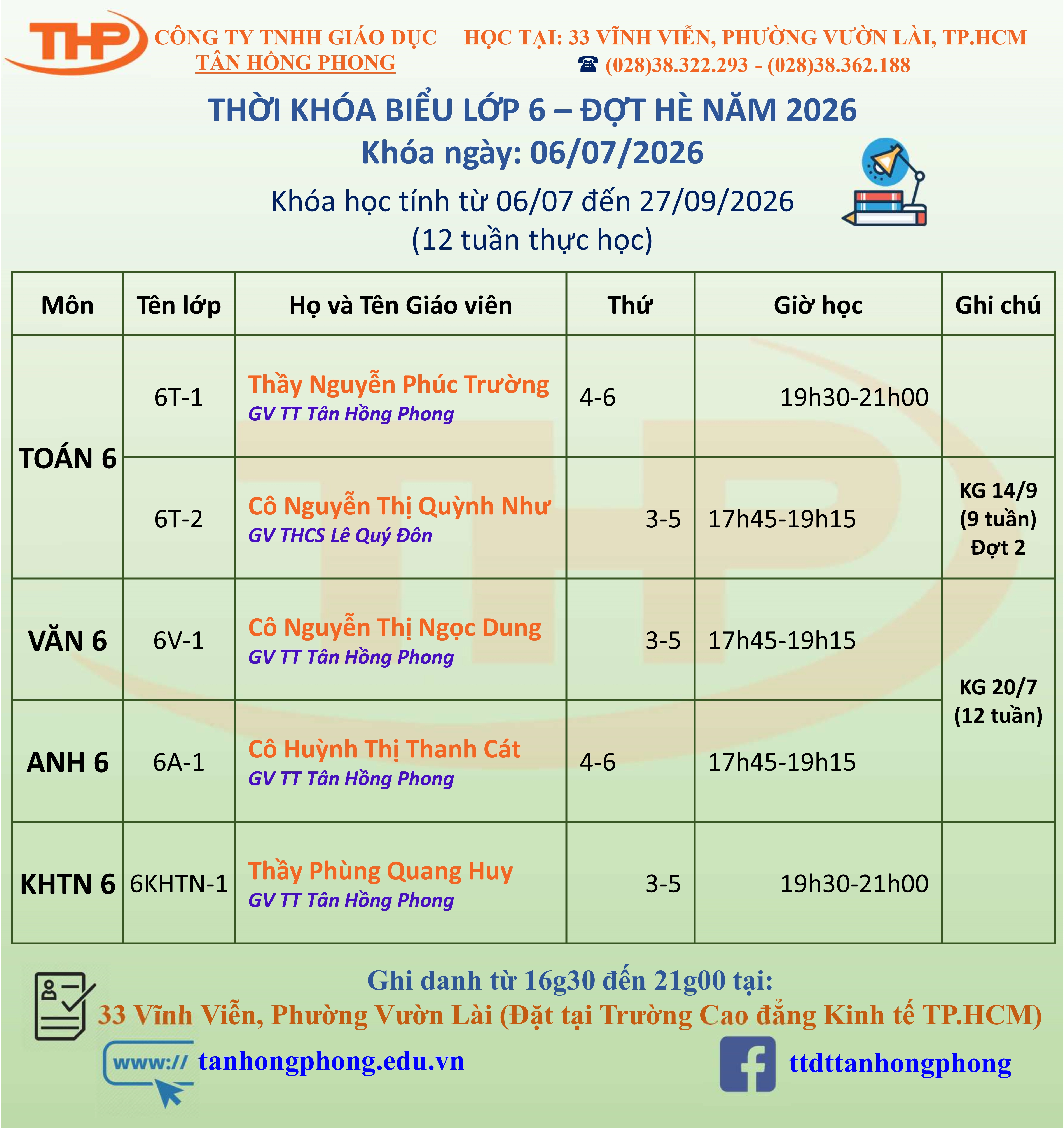 Thời Khóa Biểu Dạy Thêm Lớp 6 Hè