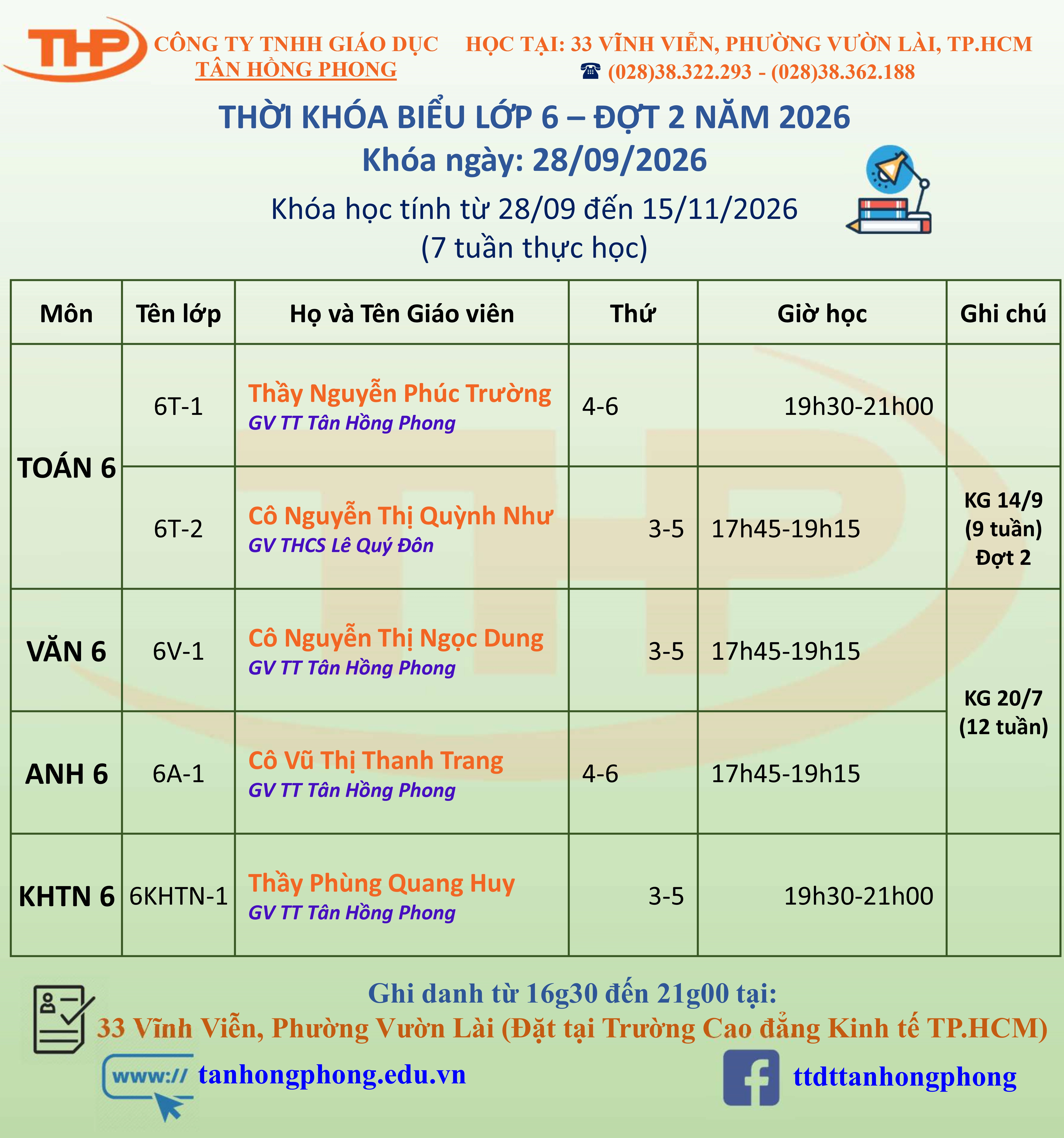 Thời Khóa Biểu Dạy Thêm Lớp 6
