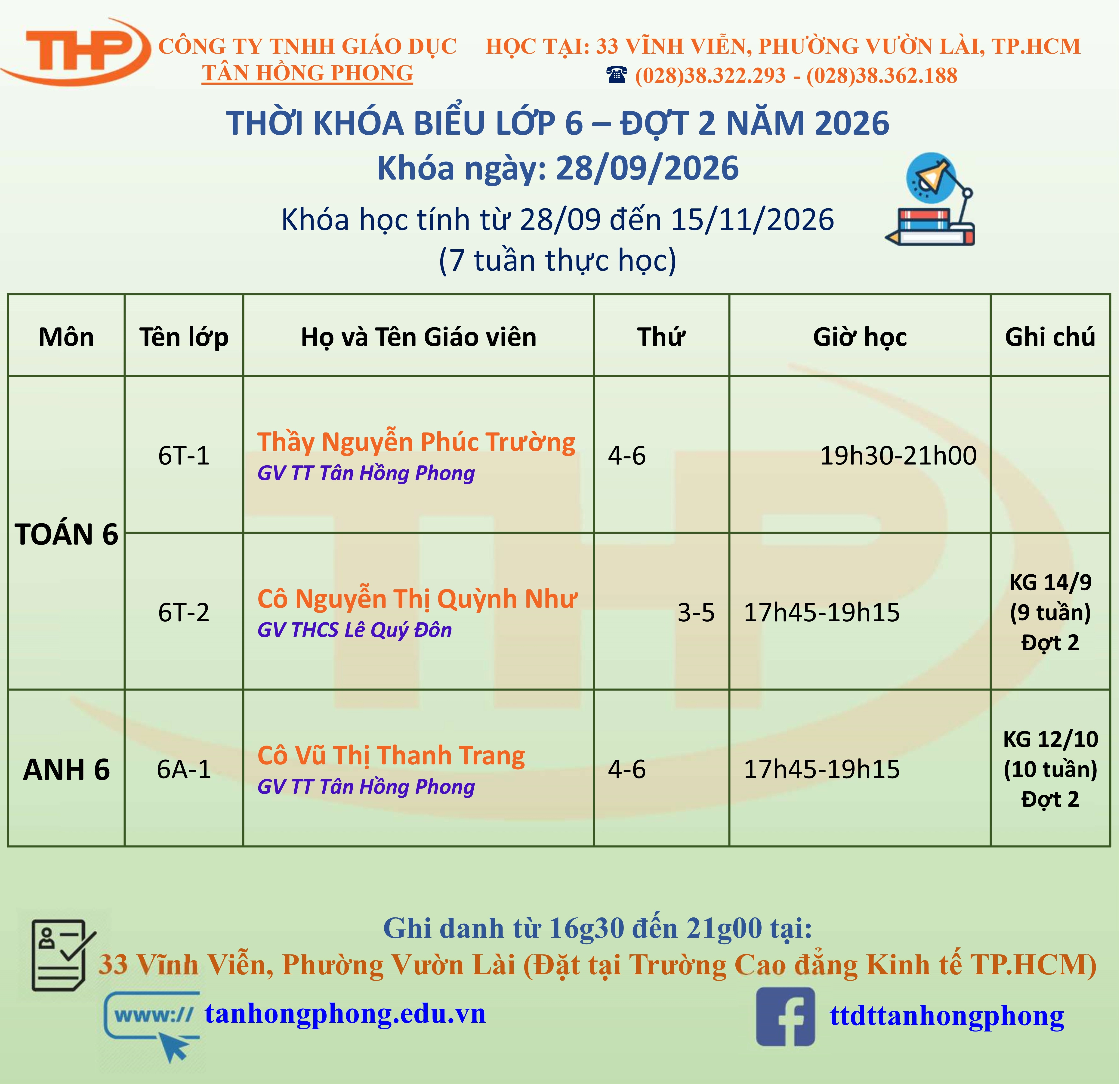 Thời Khóa Biểu Dạy Thêm Lớp 6