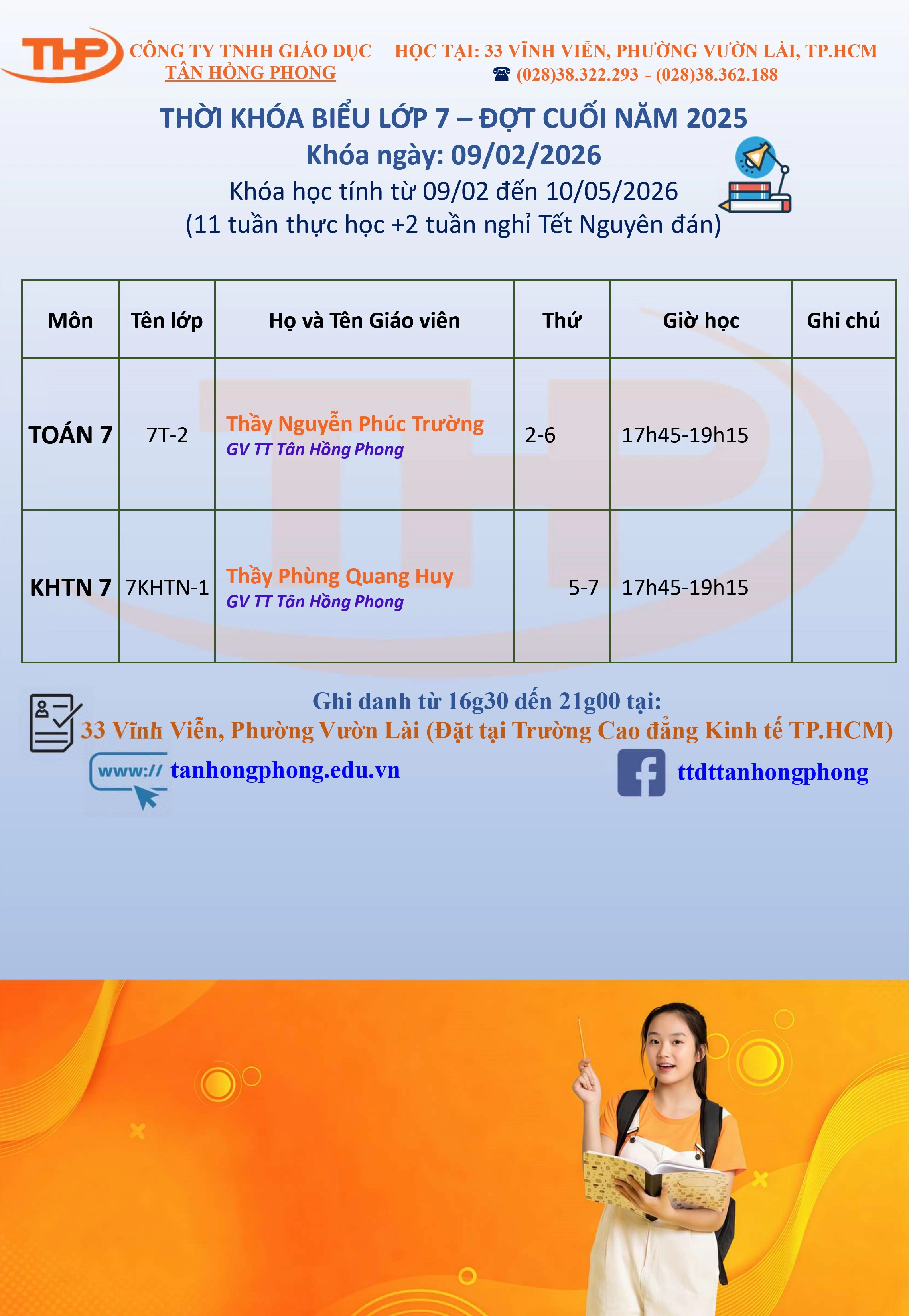 Thời Khóa Biểu Dạy Thêm Lớp 7