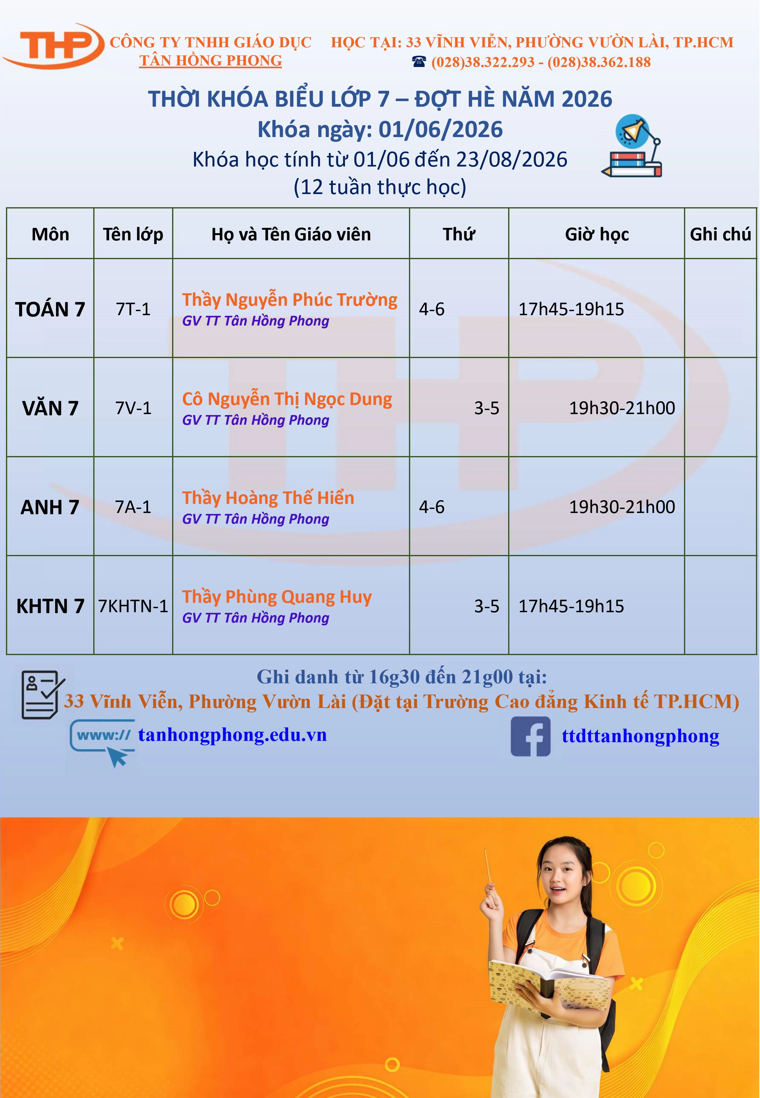 Thời Khóa Biểu Dạy Thêm Lớp 7 Hè