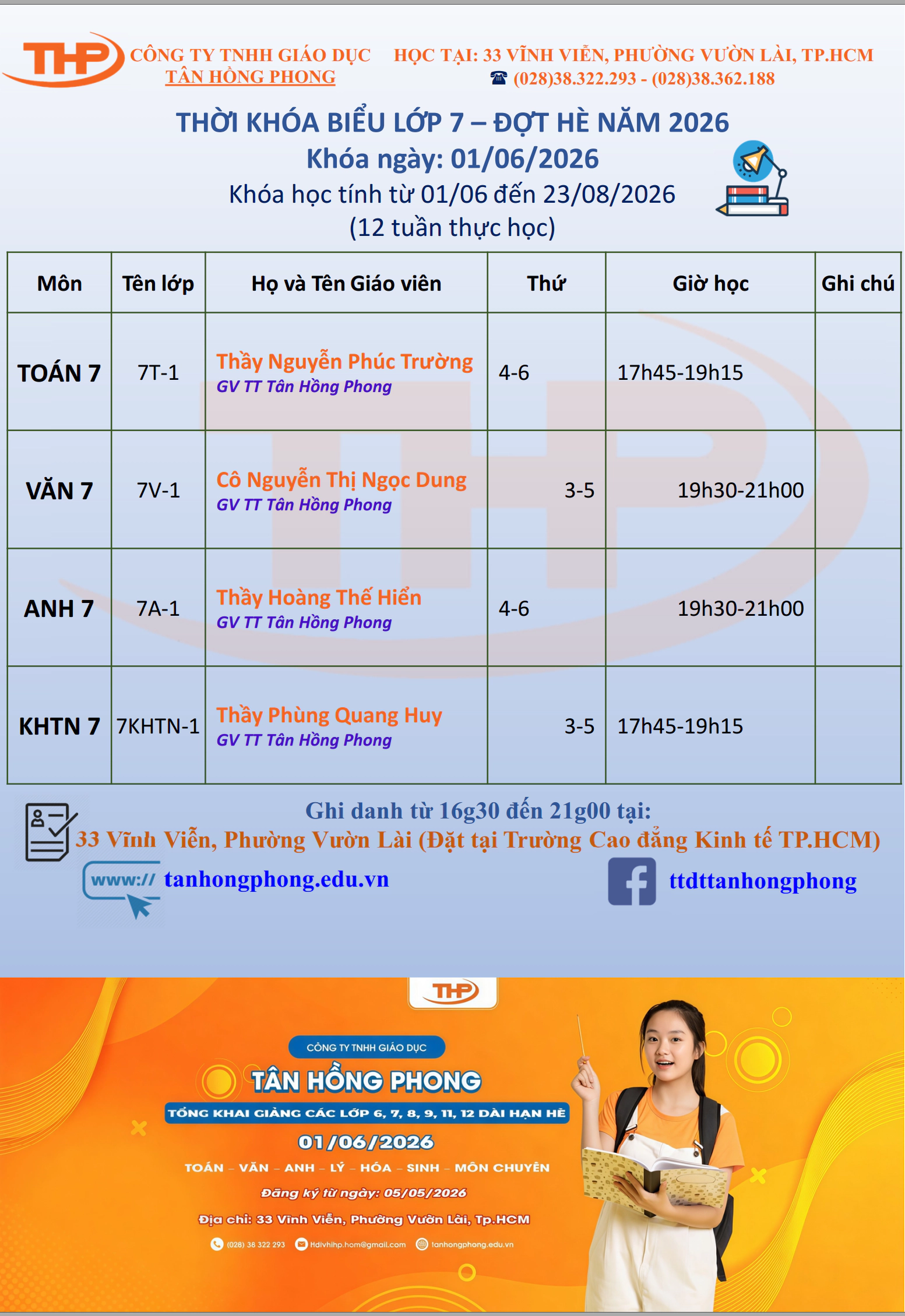 Thời Khóa Biểu Dạy Thêm Lớp 7 Hè