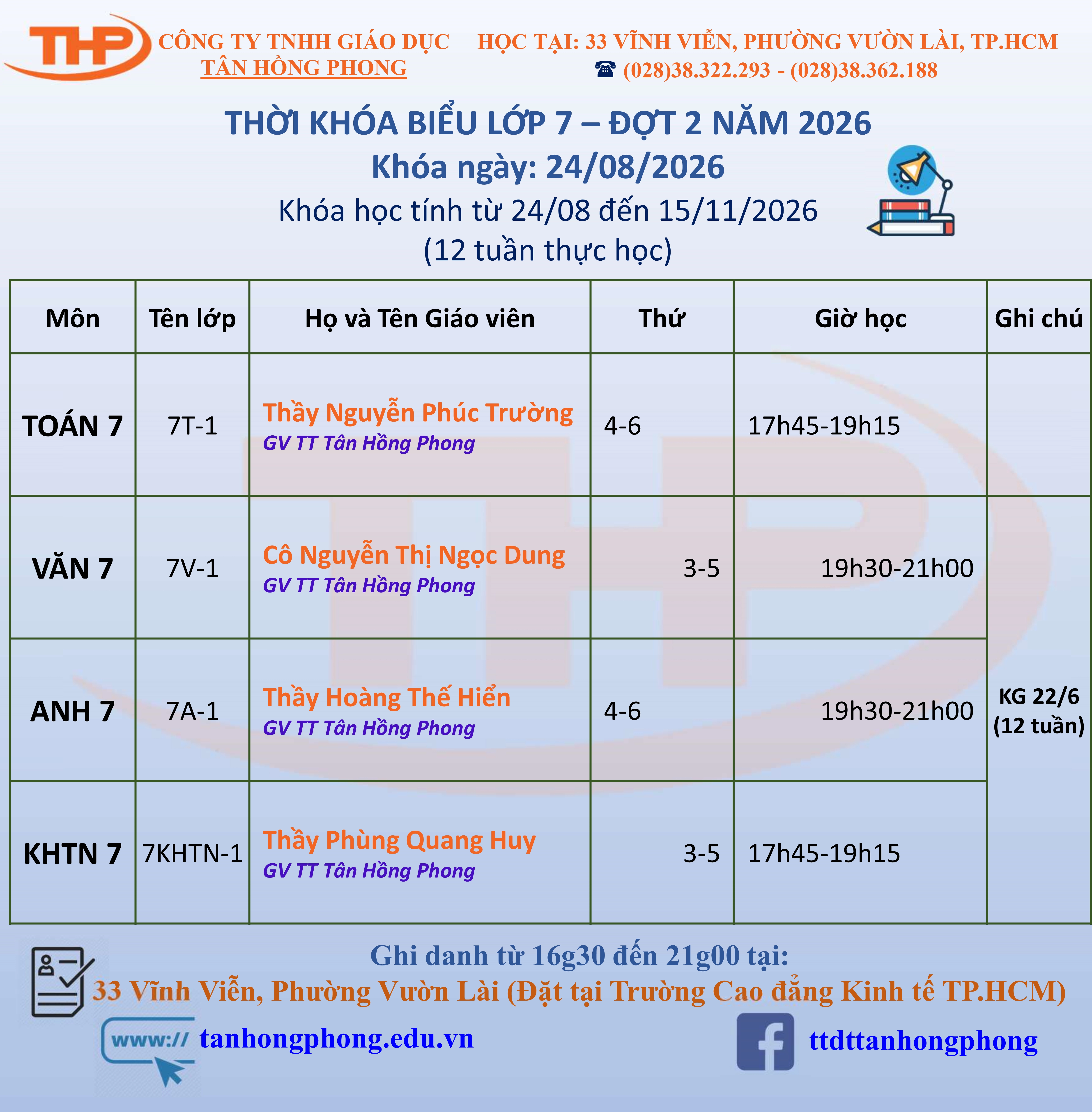 Thời Khóa Biểu Dạy Thêm Lớp 7