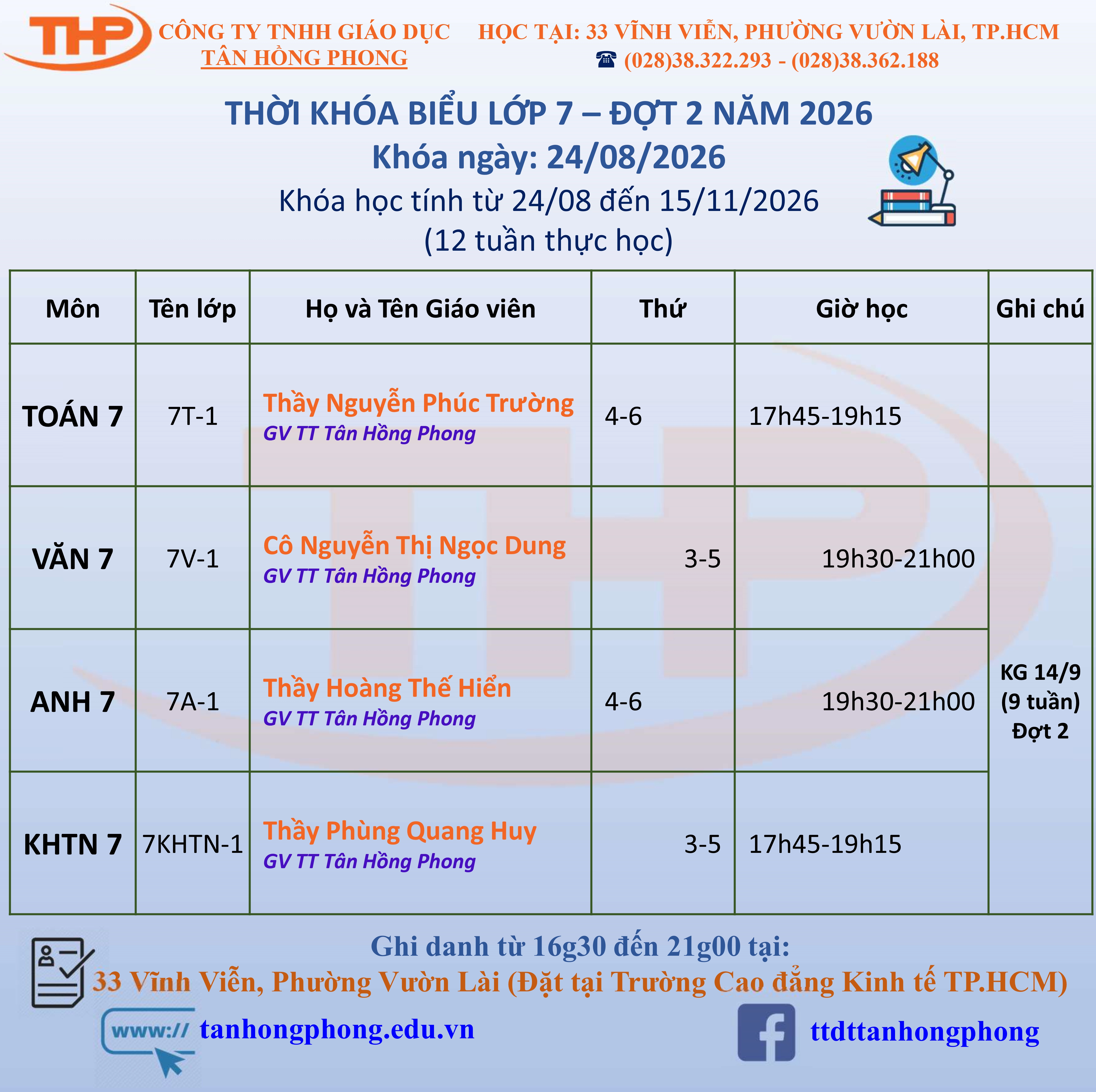 Thời Khóa Biểu Dạy Thêm Lớp 7