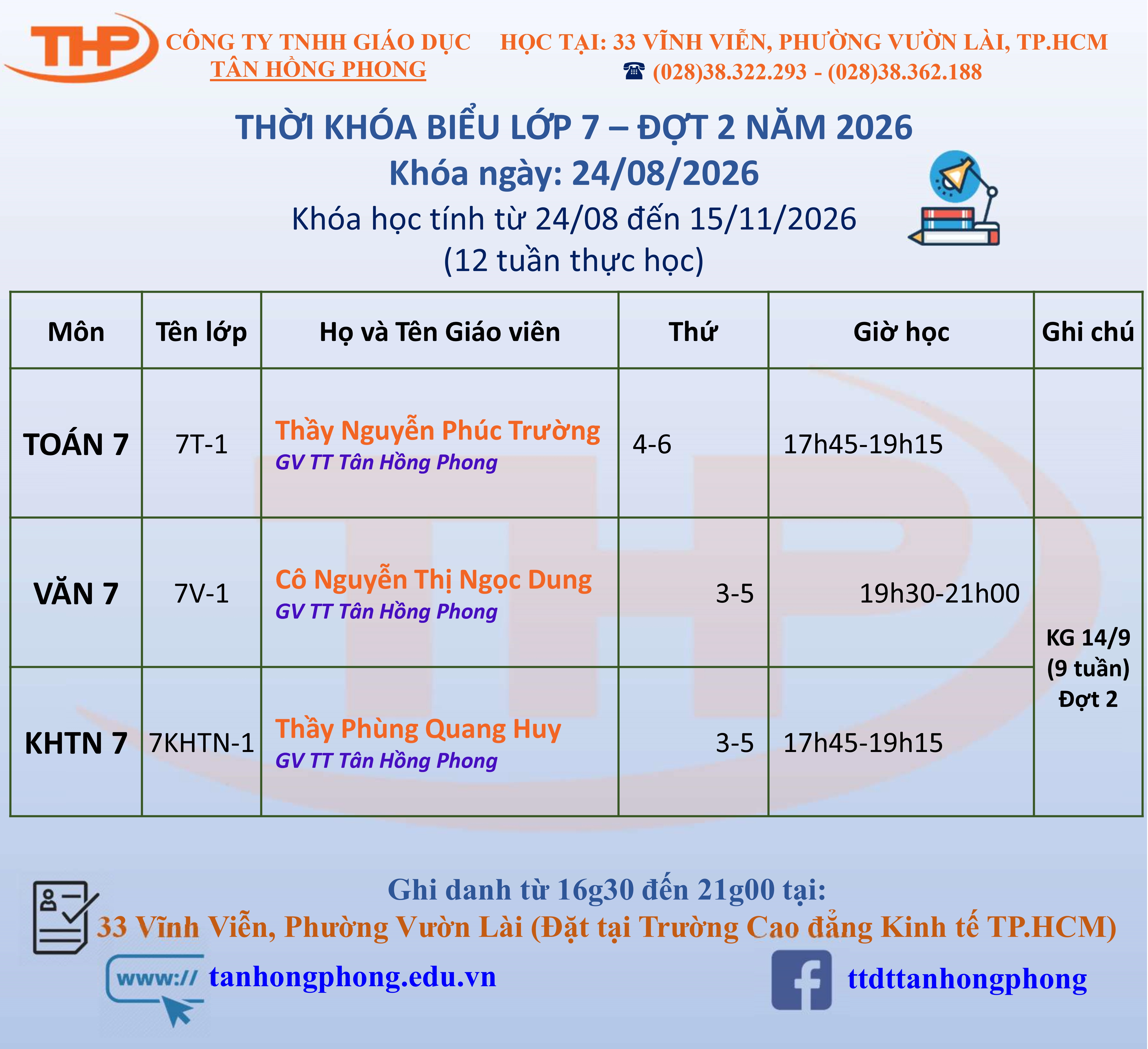 Thời Khóa Biểu Dạy Thêm Lớp 7