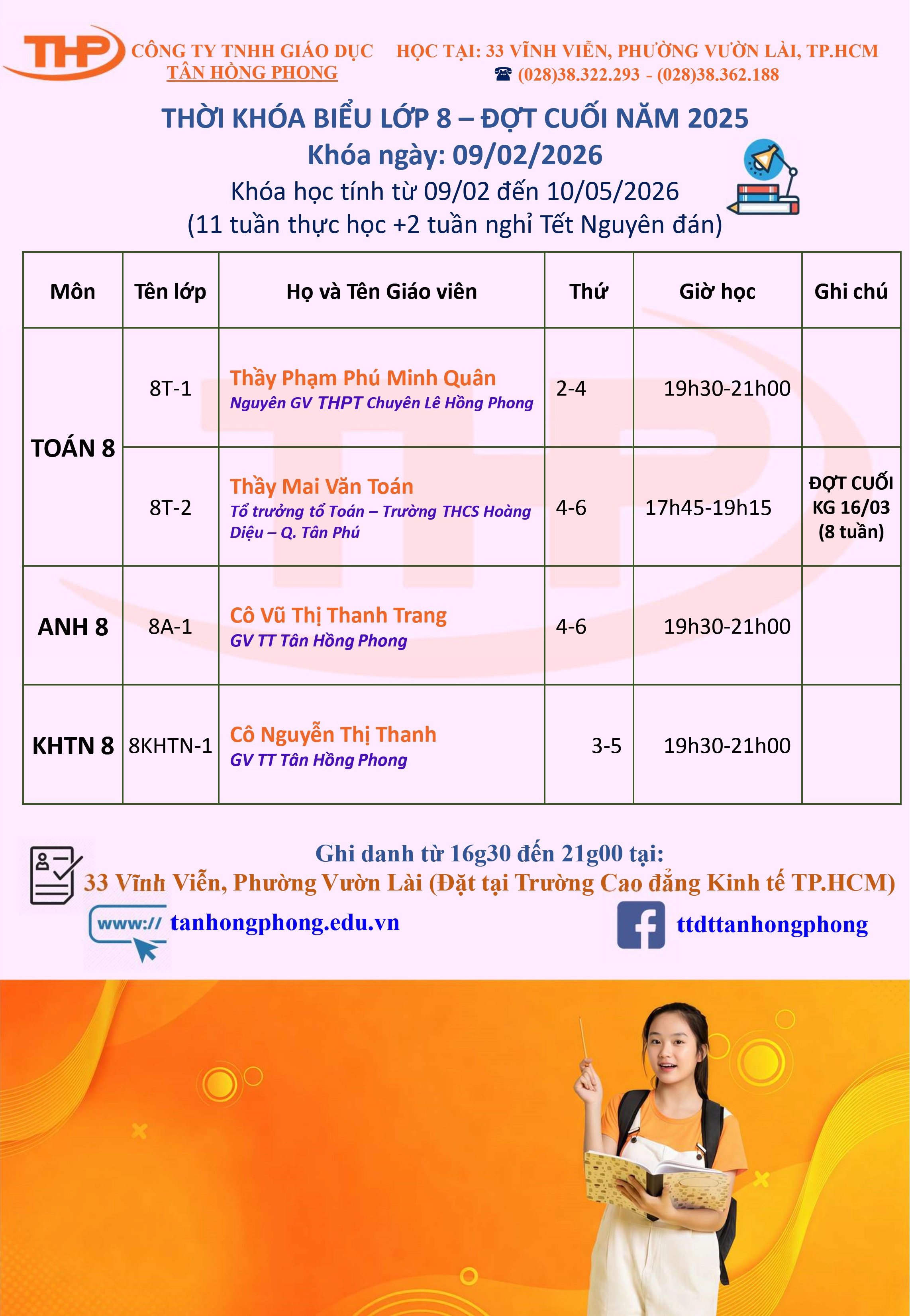 Thời Khóa Biểu Dạy Thêm Lớp 8