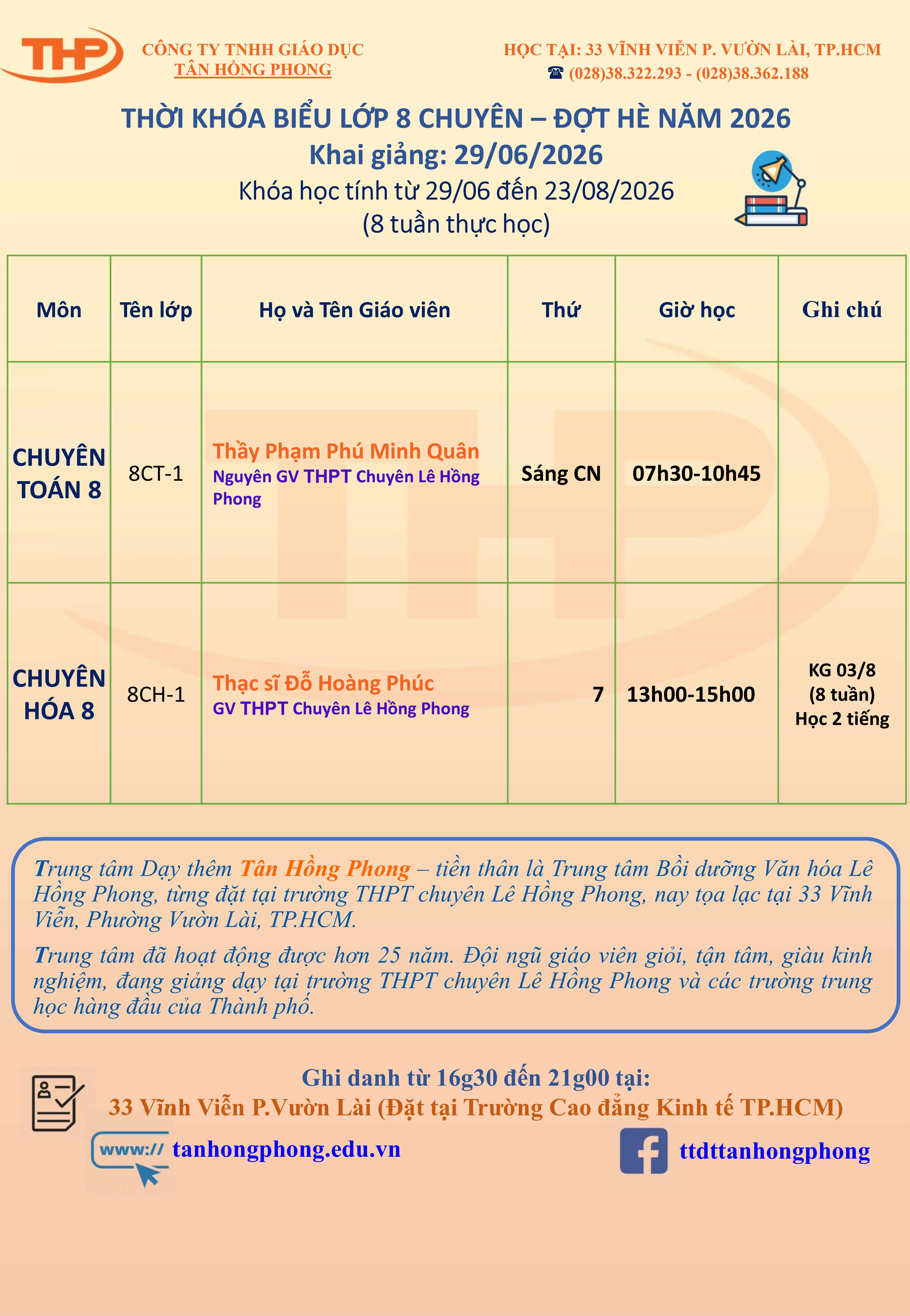 Thời Khóa Biểu Dạy Thêm Lớp 8 Chuyên