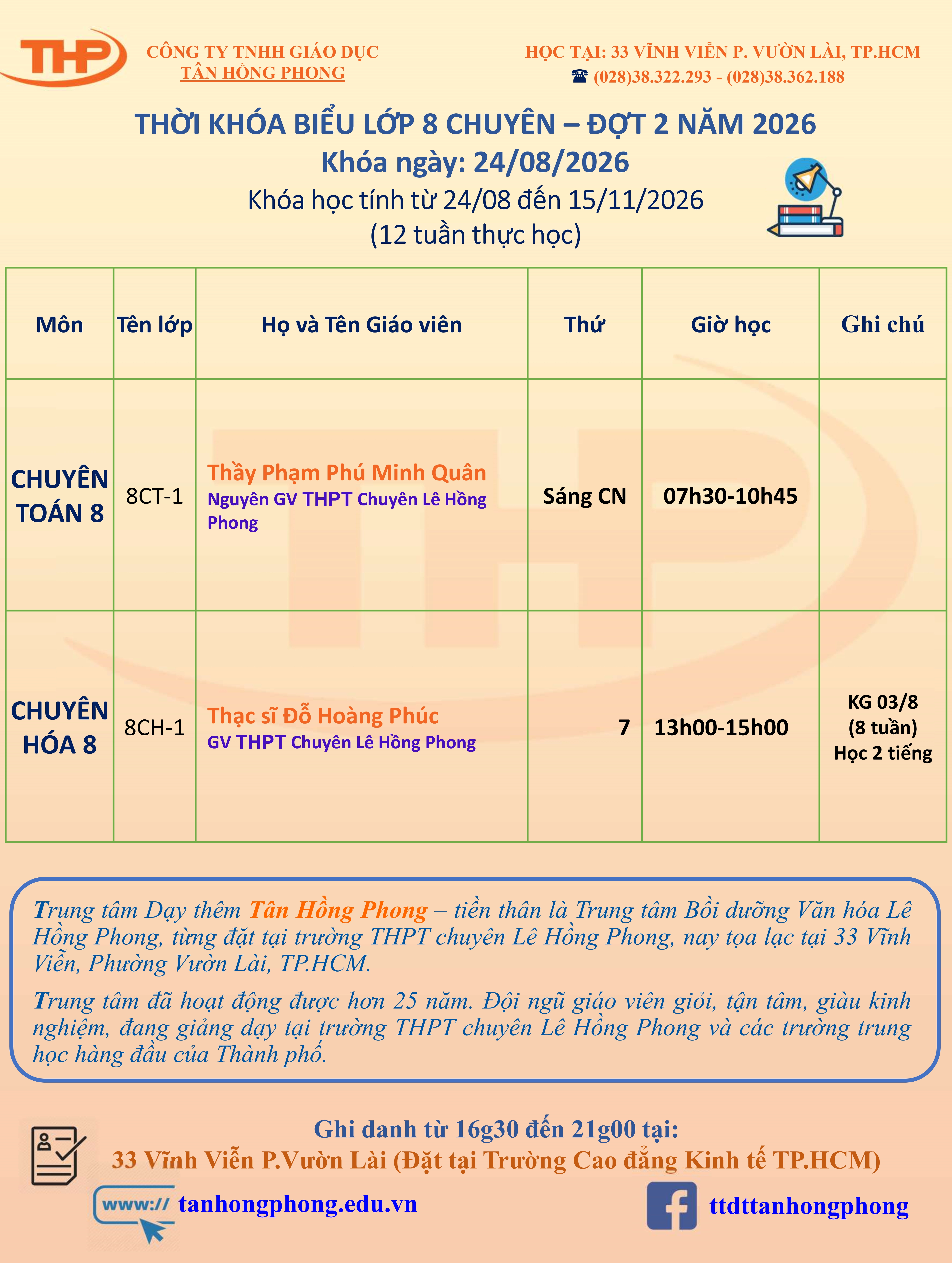 Thời Khóa Biểu Dạy Thêm Lớp 8 Chuyên