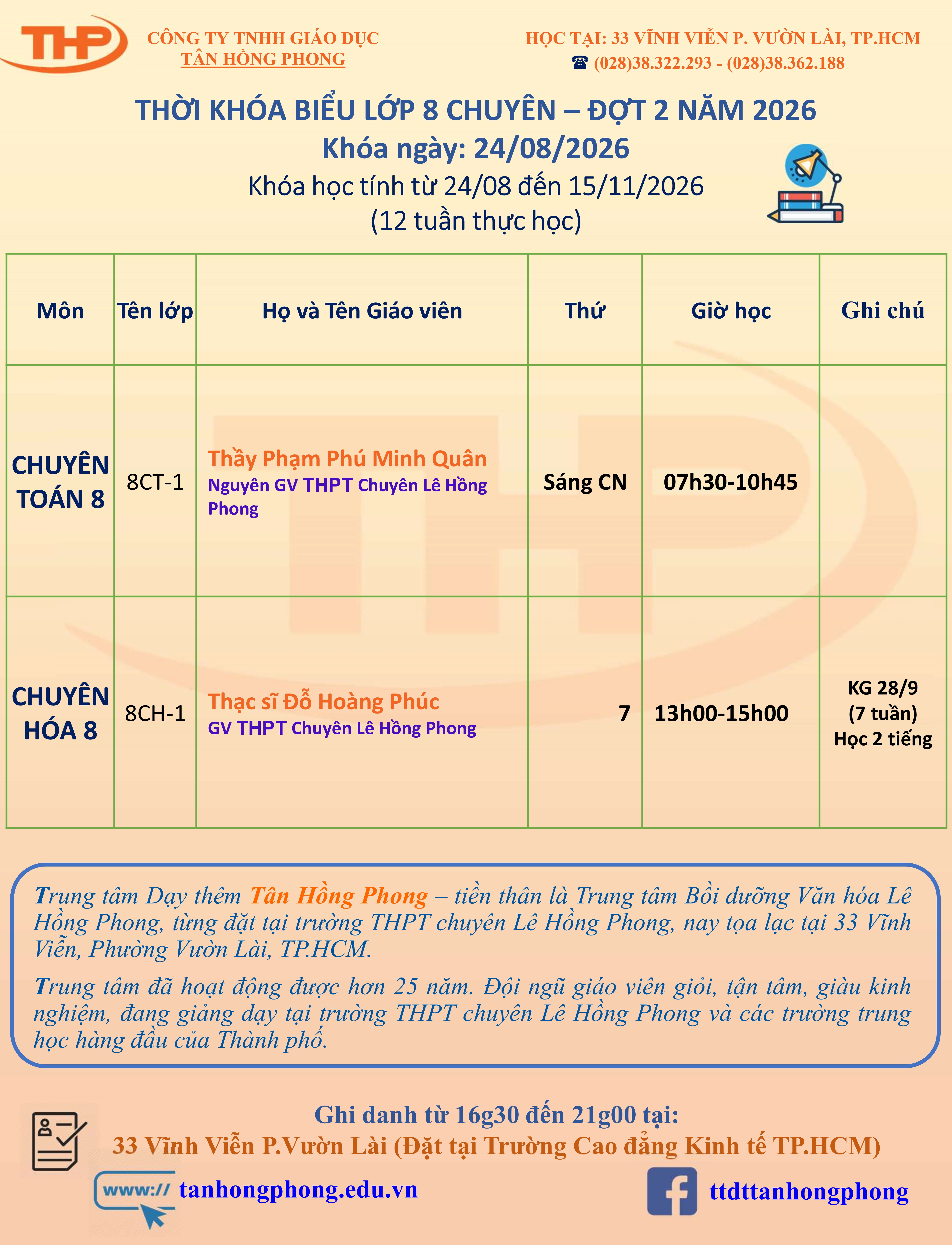 Thời Khóa Biểu Dạy Thêm Lớp 8 Chuyên
