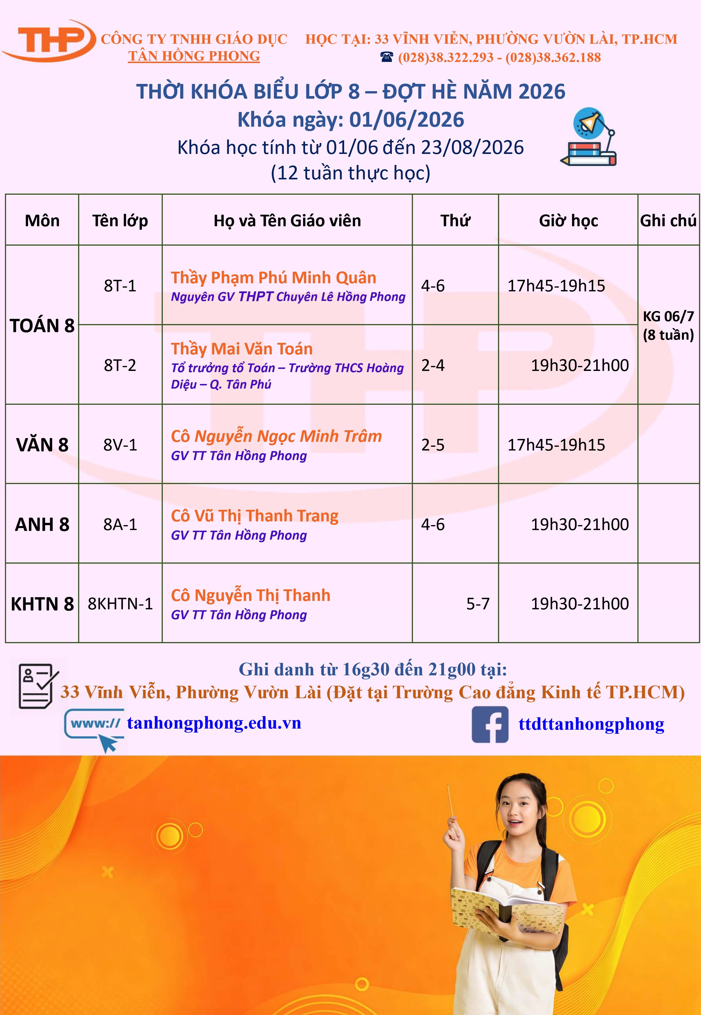 Thời Khóa Biểu Dạy Thêm Lớp 8 Hè