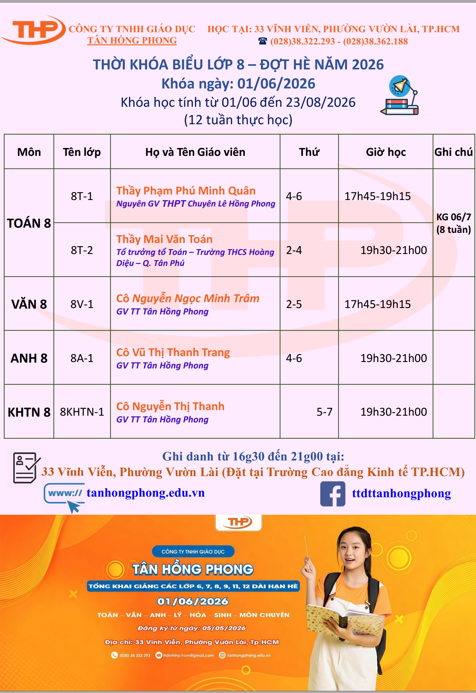 Thời Khóa Biểu Dạy Thêm Lớp 8 Hè
