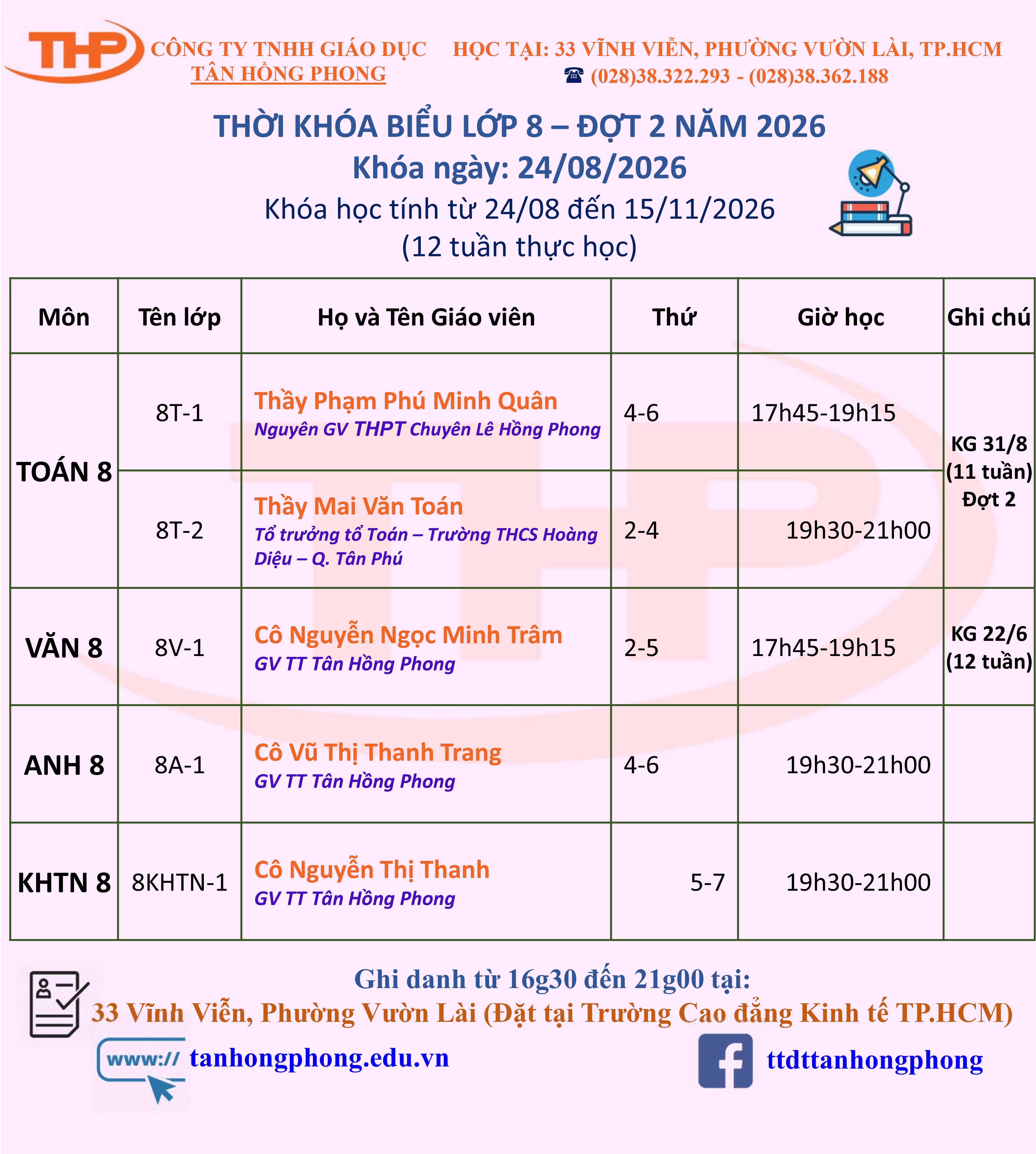 Thời Khóa Biểu Dạy Thêm Lớp 8